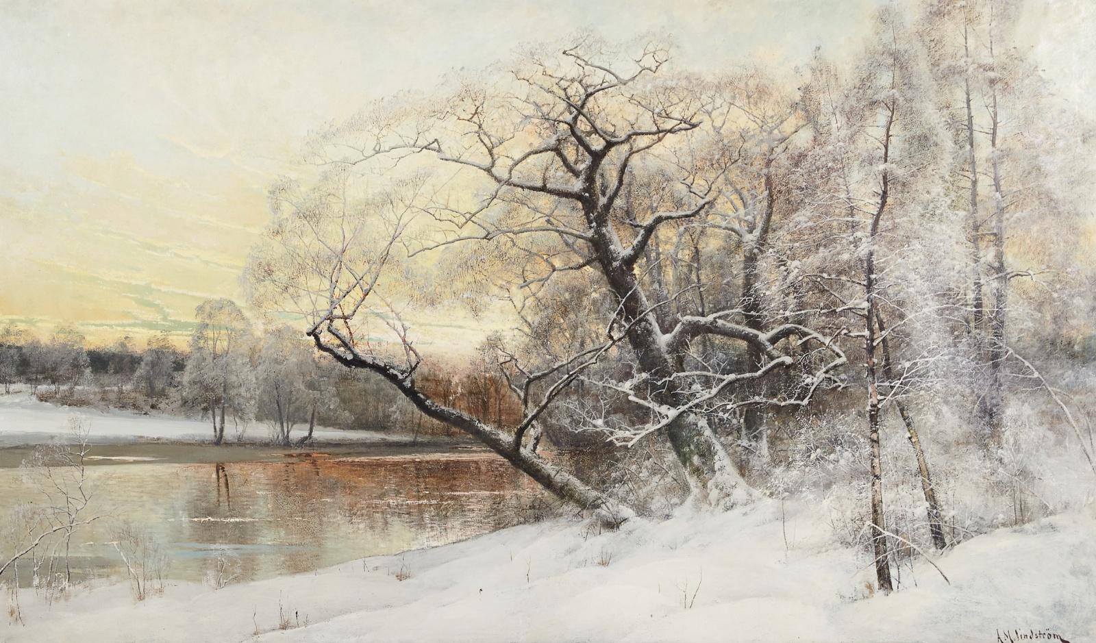Ein Wintersonnenuntergang über dem Fluss