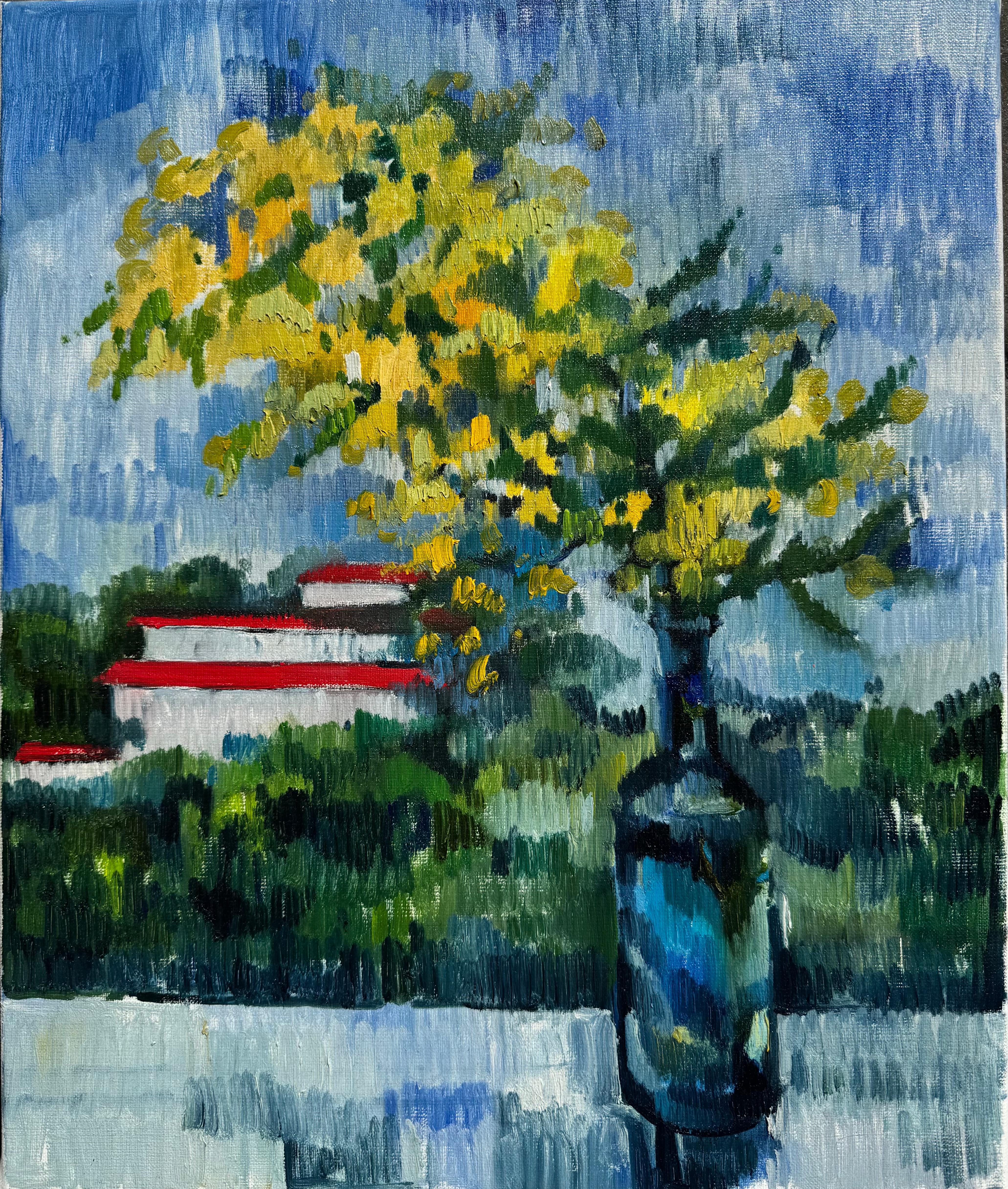 Ein gelber Blumenstrauß (Mimose) in einer blauen Flasche - Öl auf Leinwand – Painting von Unknown