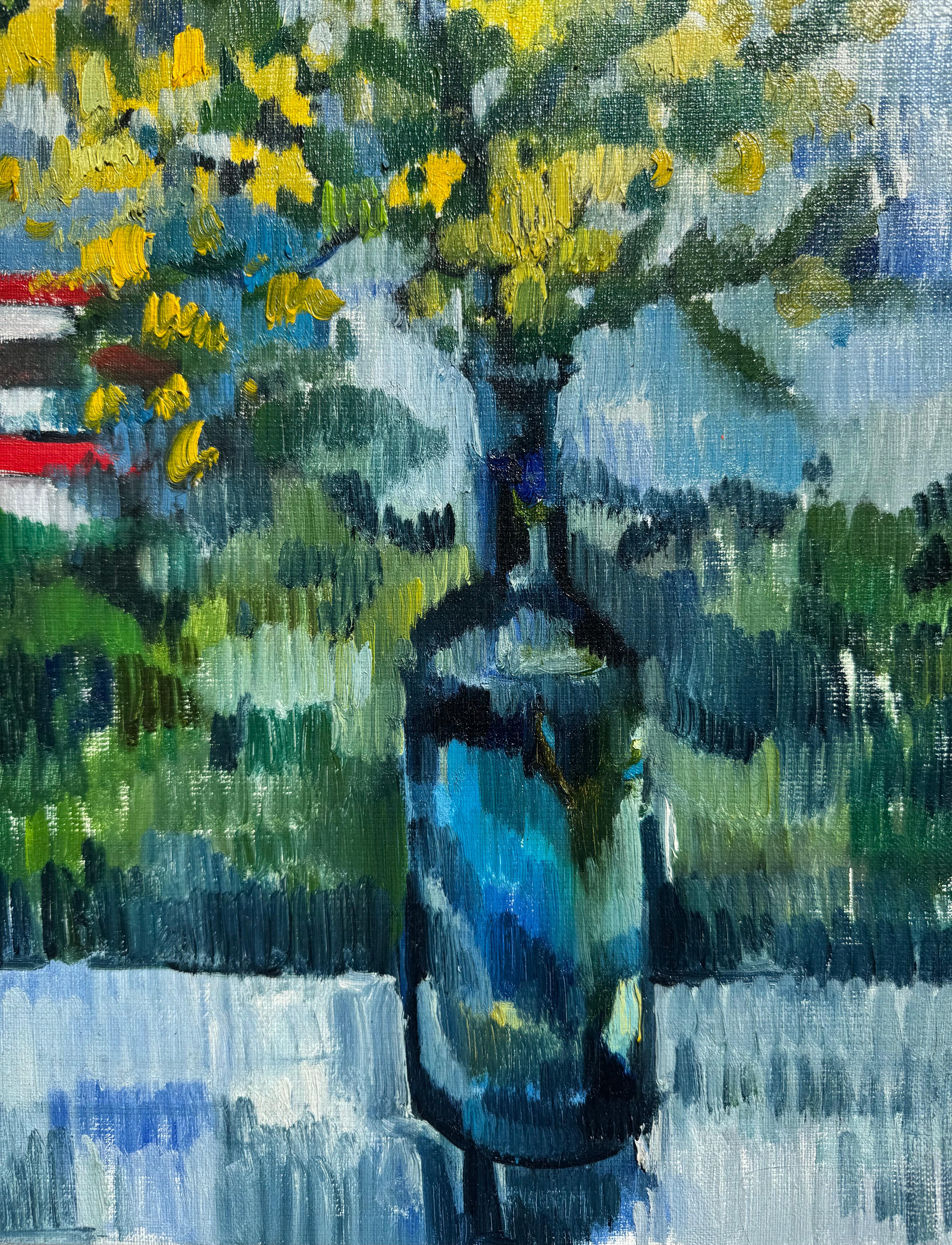 Ein gelber Blumenstrauß (Mimose) in einer blauen Flasche - Öl auf Leinwand (Post-Impressionismus), Painting, von Unknown
