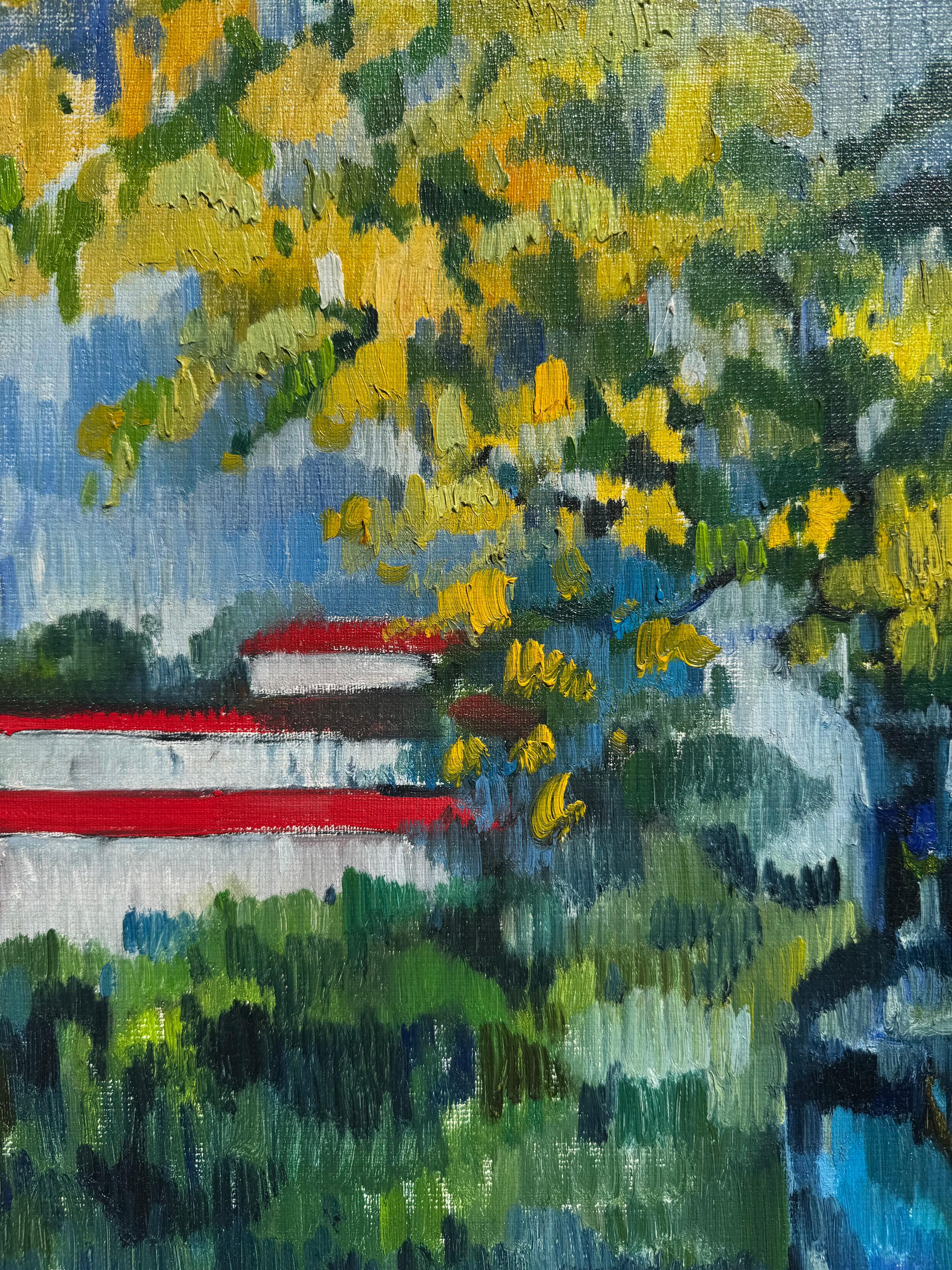 Ein gelber Blumenstrauß (Mimose) in einer blauen Flasche - Öl auf Leinwand (Grau), Still-Life Painting, von Unknown