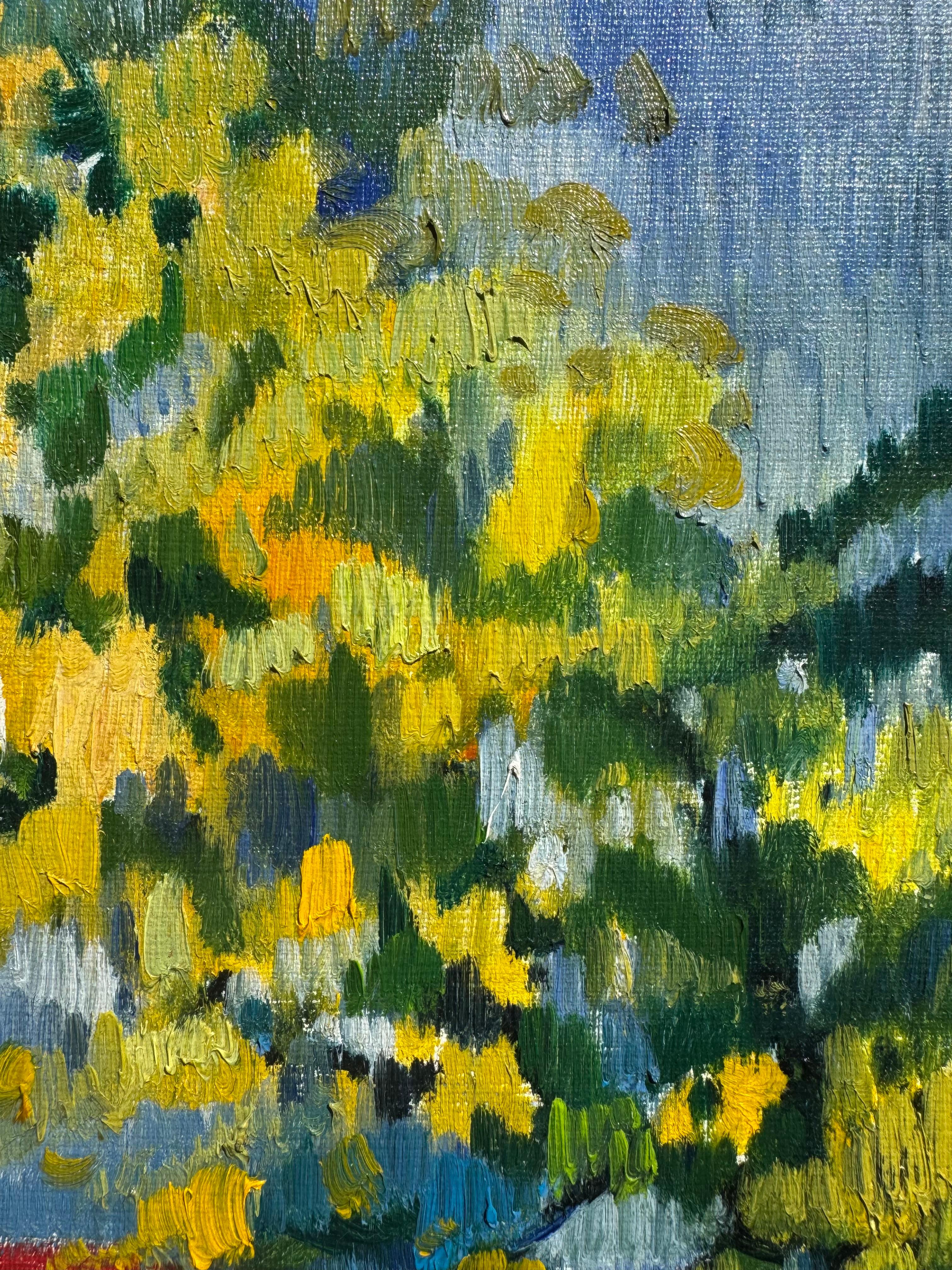 Ein gelber Blumenstrauß (Mimose) in einer blauen Flasche - Öl auf Leinwand im Angebot 1