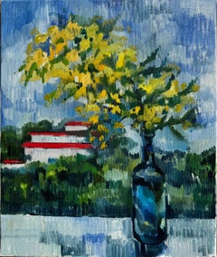 Un bouquet giallo (mimosa) in una bottiglia blu - olio su tela