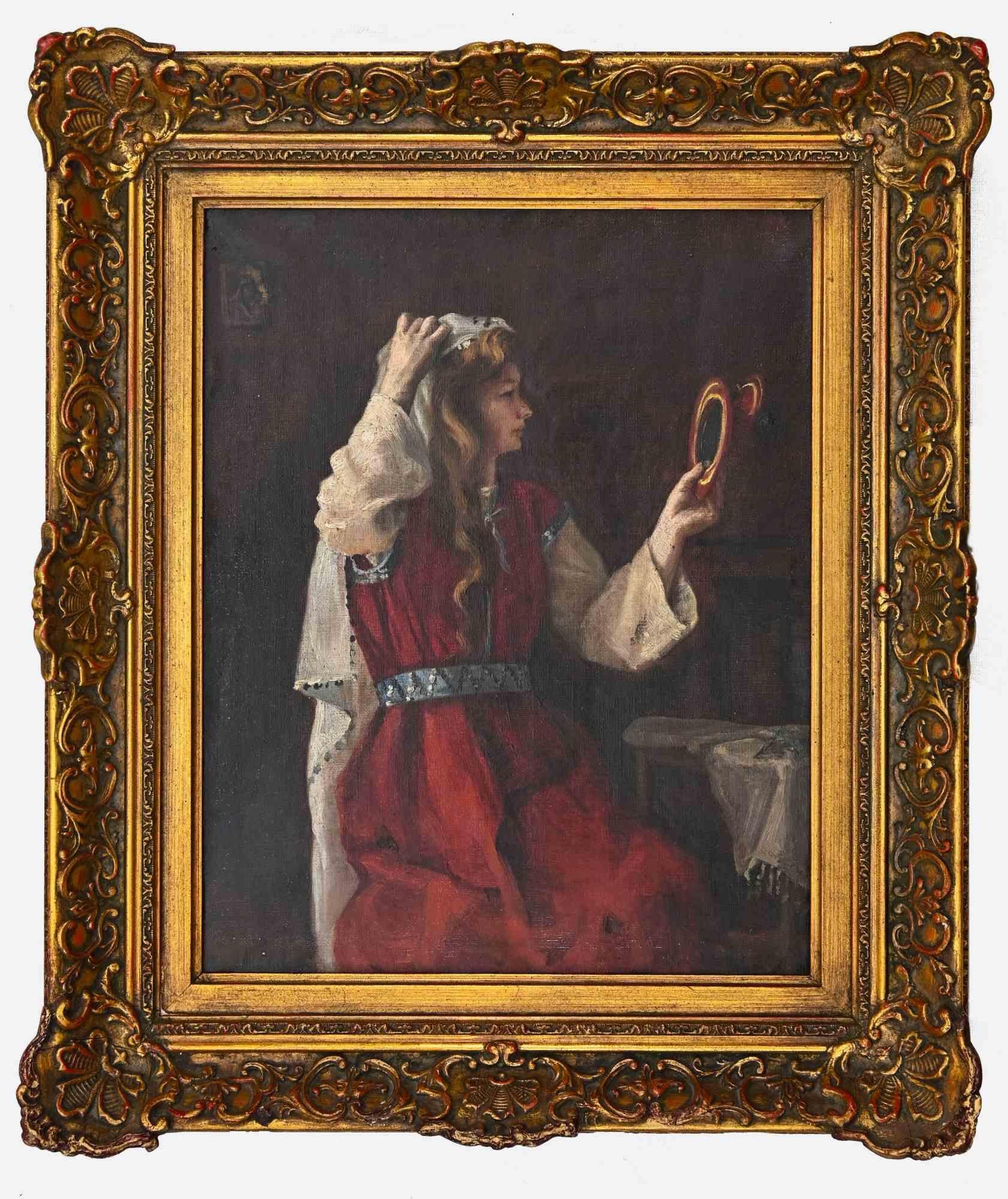 A Young Oriental Woman Looking at the Mirror-Oil on Canvas - 19th Century