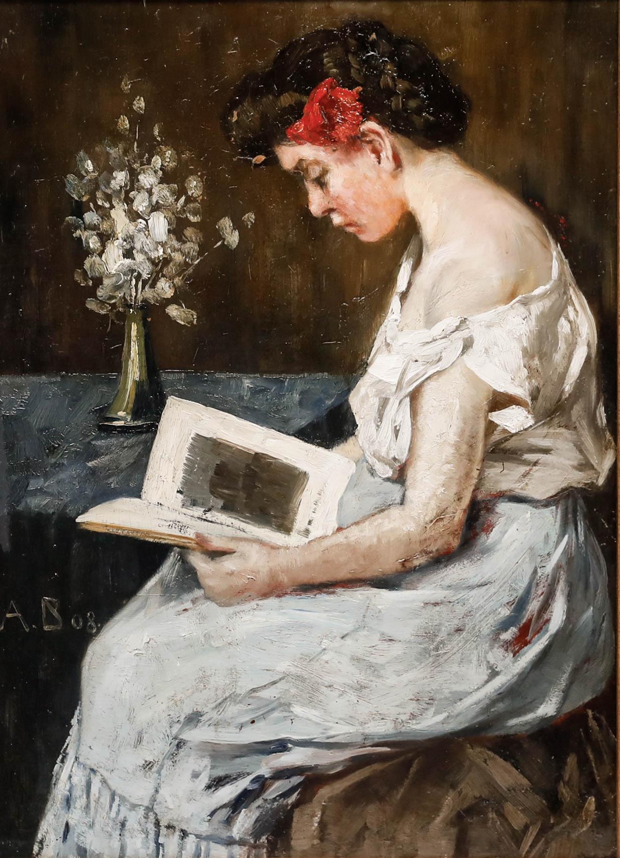 A.B - Gerahmtes Ölgemälde des frühen 20. Jahrhunderts, Porträt einer Schriftstellerin beim Lesen – Painting von Unknown