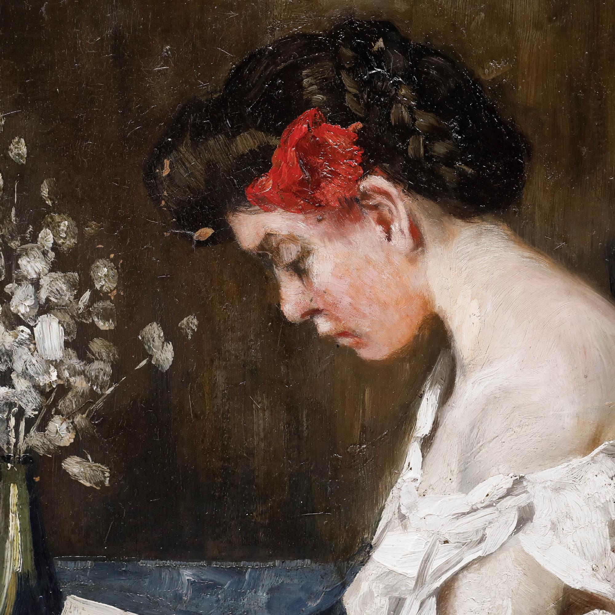 A.B - Gerahmtes Ölgemälde des frühen 20. Jahrhunderts, Porträt einer Schriftstellerin beim Lesen (Schwarz), Portrait Painting, von Unknown