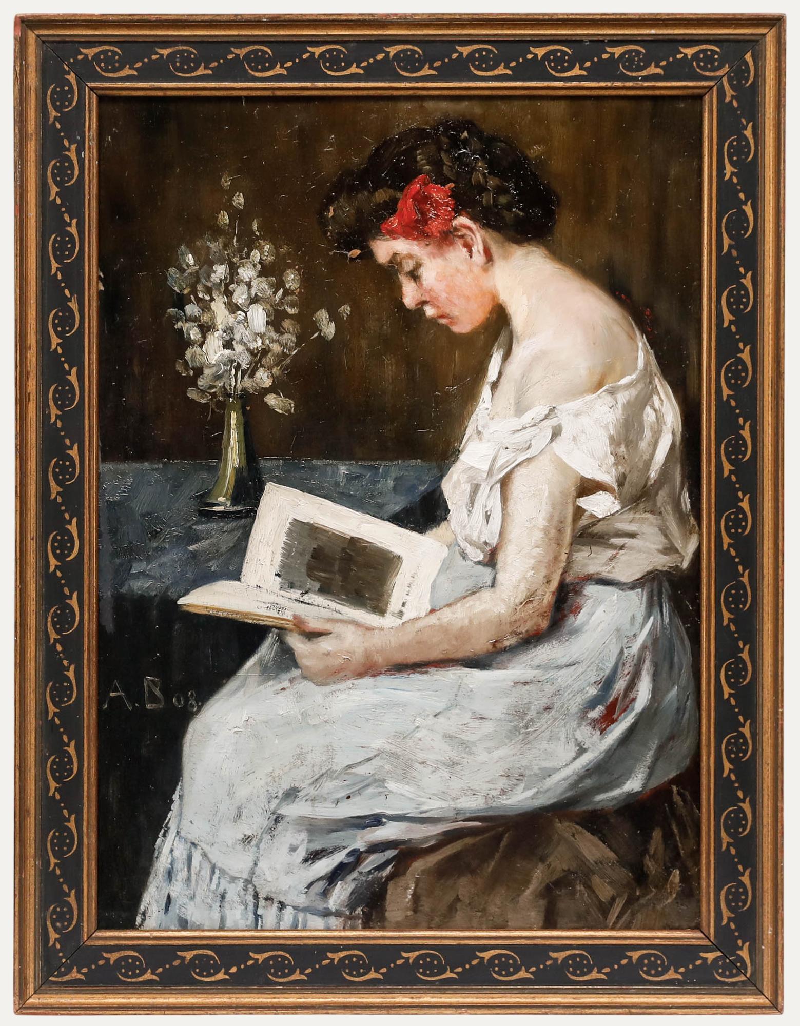 Unknown Portrait Painting – A.B - Gerahmtes Ölgemälde des frühen 20. Jahrhunderts, Porträt einer Schriftstellerin beim Lesen