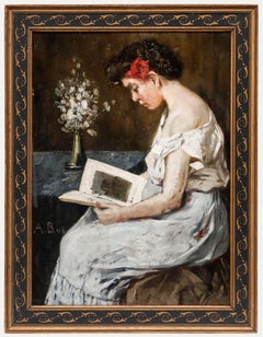 A.B - Framed Early 20th Century Oil, Portrait of a Woman Reading