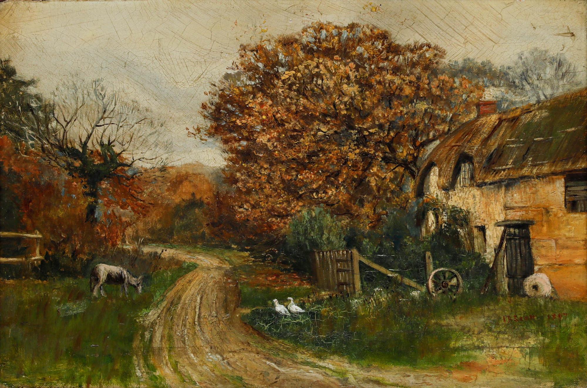 A.B. Scott - Huile encadrée de la fin du 19e siècle, âne et oies dans une ferme de campagne - Painting de Unknown