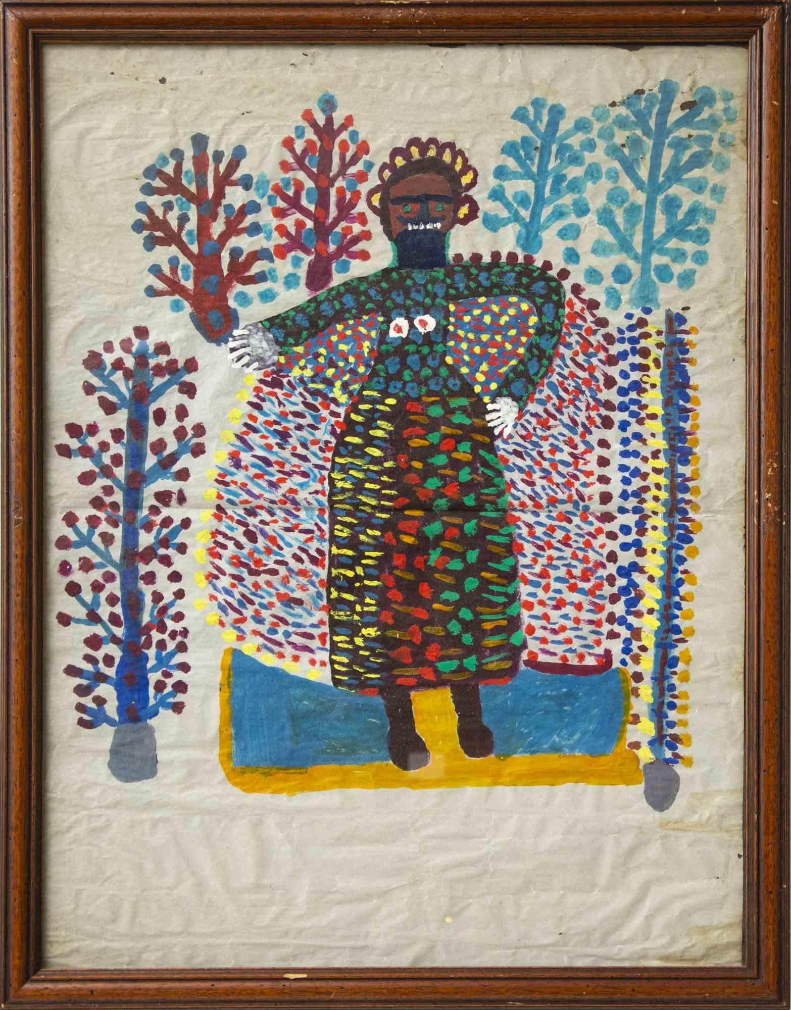 Unknown Figurative Painting - Aboriginal Figure -  Oil Painting - Mid-20th Century