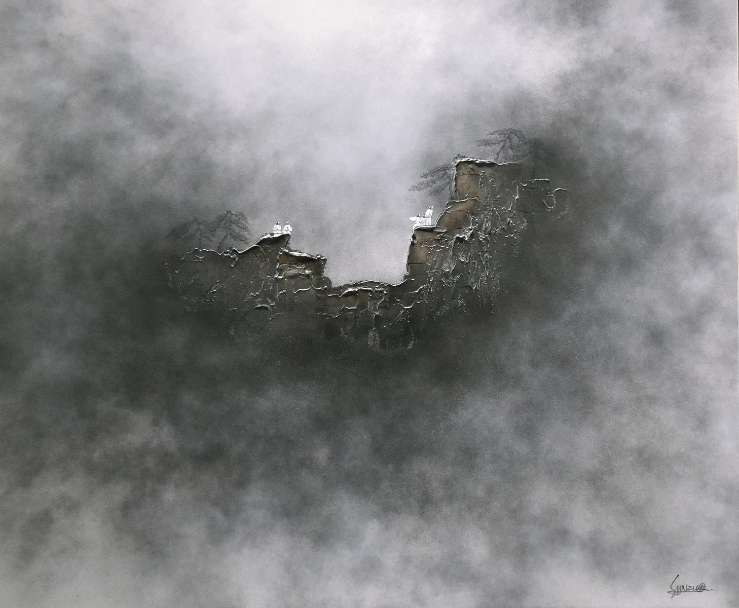 Sanzi Landscape Painting - "Above The Cloud", Misty Cloud, Serenity, Peace, Grey & White tones