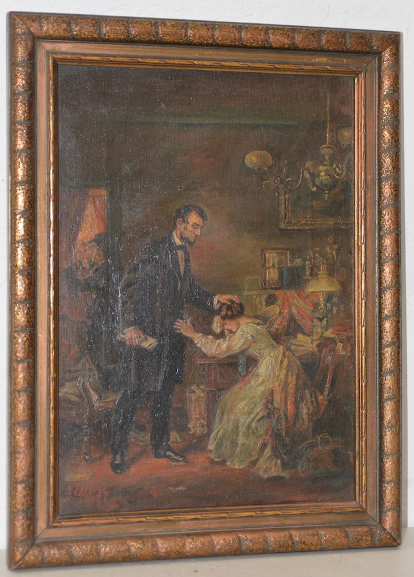 Abraham Lincoln Consoles Mary Todd Lincoln Original Oil Painting c.1924 - Art by Unknown