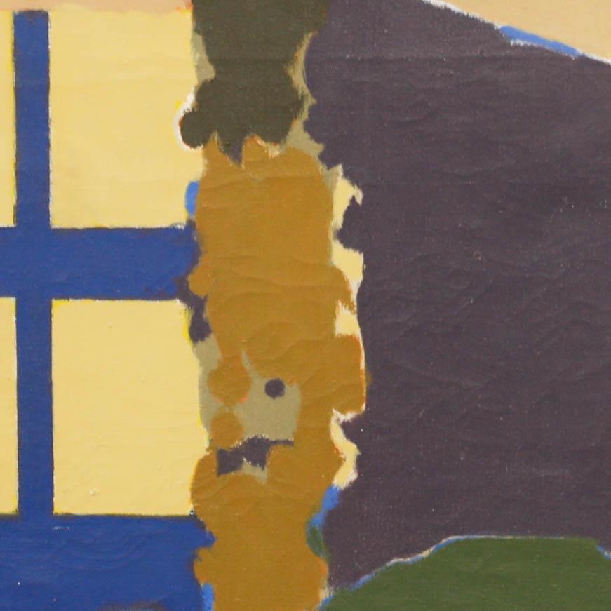 Eine suggestive Öl-Landschaft mit einem gelben geometrischen Fenster. Nicht signiert. Auf Leinwand.