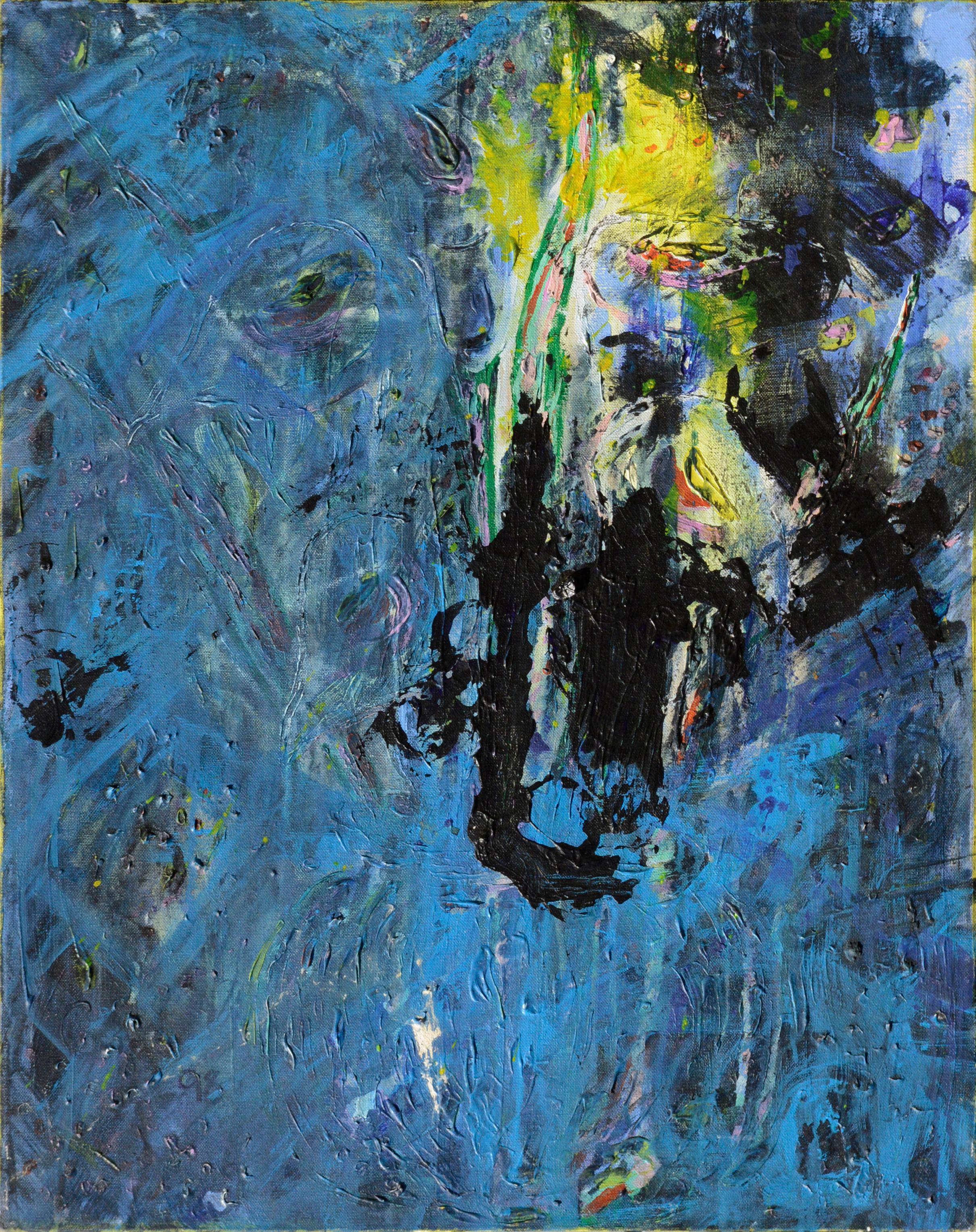 Abstract Painting di Unknown - Composizione espressionista astratta con blu elettrico, giallo e nero