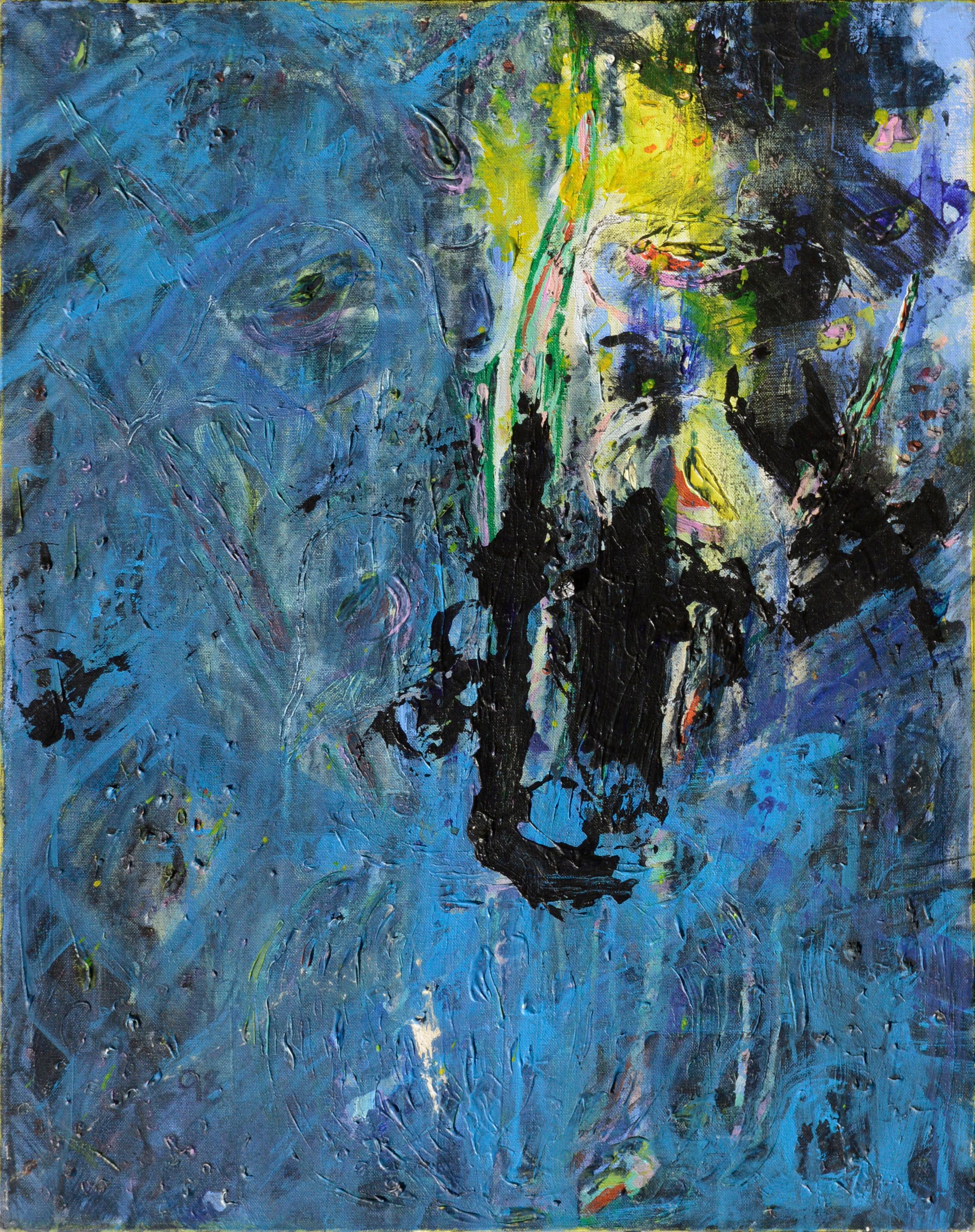 Unknown Abstract Painting - Abstract Expressionist Composition with Electric Blue, Yellow, & Black 