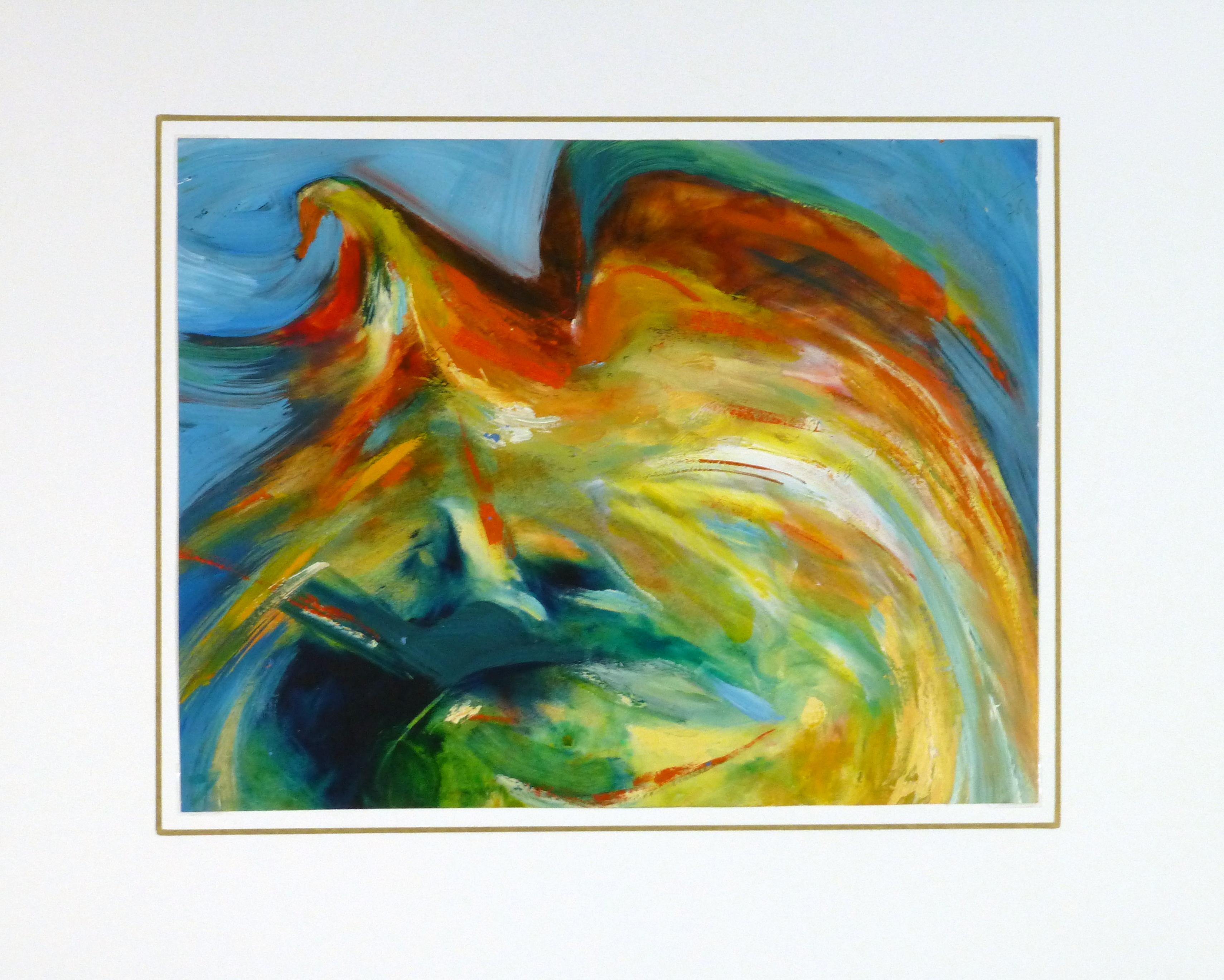 Ausdrucksstarkes und helles abstraktes Acrylgemälde mit Anklängen an den Vogelflug, 1975. 

Es wird auf einem weißen Passepartout mit goldenem Rand präsentiert und passt in einen Rahmen in Standardgröße. Inklusive Plastikhülle und