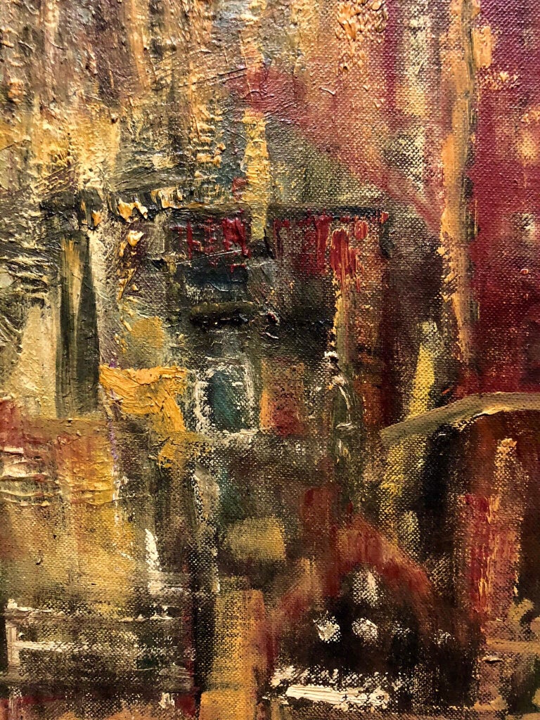 This is a bold, abstracted city scene. It appears to be New York City, It could be any large metropolis with skyscrapers and a bustle to it. It is signed S. Chait and signed with initials and dated verso. There is no gallery or museum label on it.