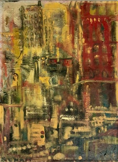 Abstract Cityscape 1960 Oil Painting Signed Chait Expressionist NYC City Scene
