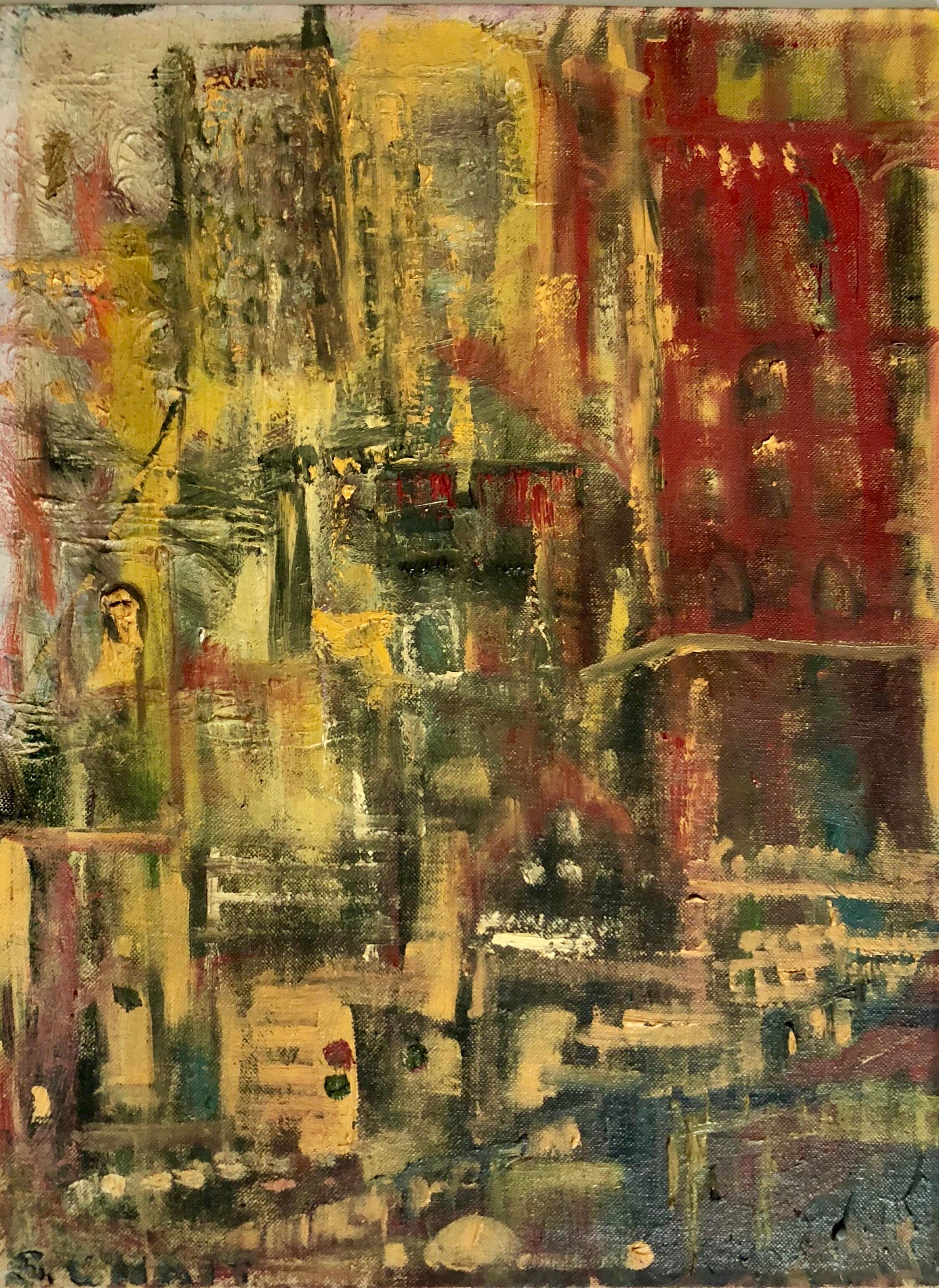 Unknown Landscape Painting - Abstract Cityscape 1960 Oil Painting Signed Chait Expressionist NYC City Scene