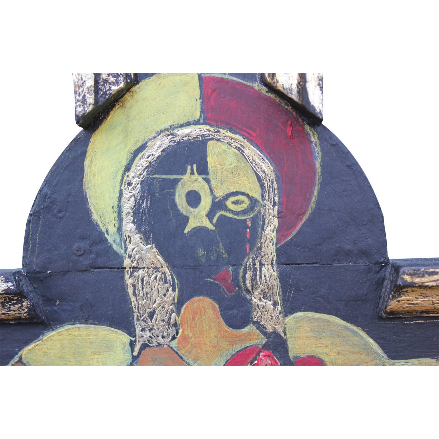 Abstract Crucifix Painting from San Miguel, Mexico - Gray Portrait Painting by Unknown
