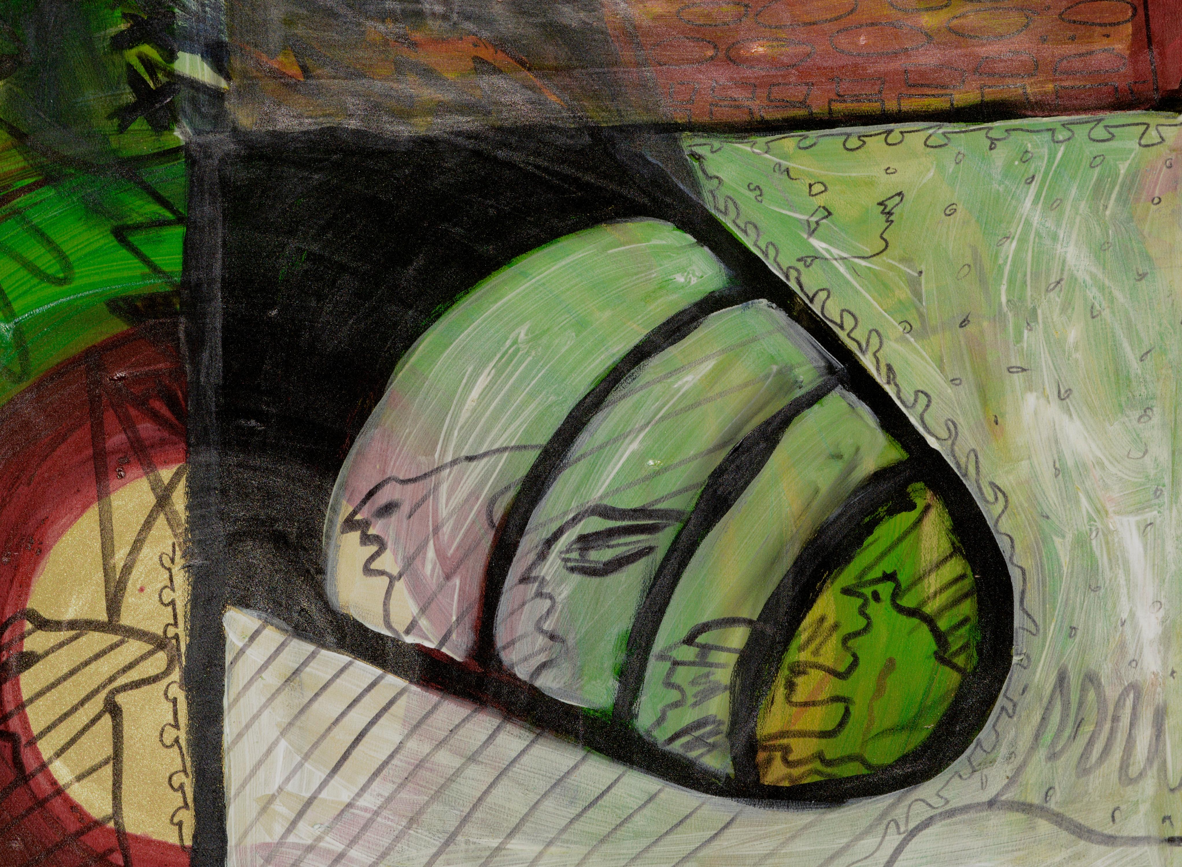Composition abstraite fantastique en vert, rouge et noir par l'artiste inconnu Helen (20e siècle). Signé et daté 