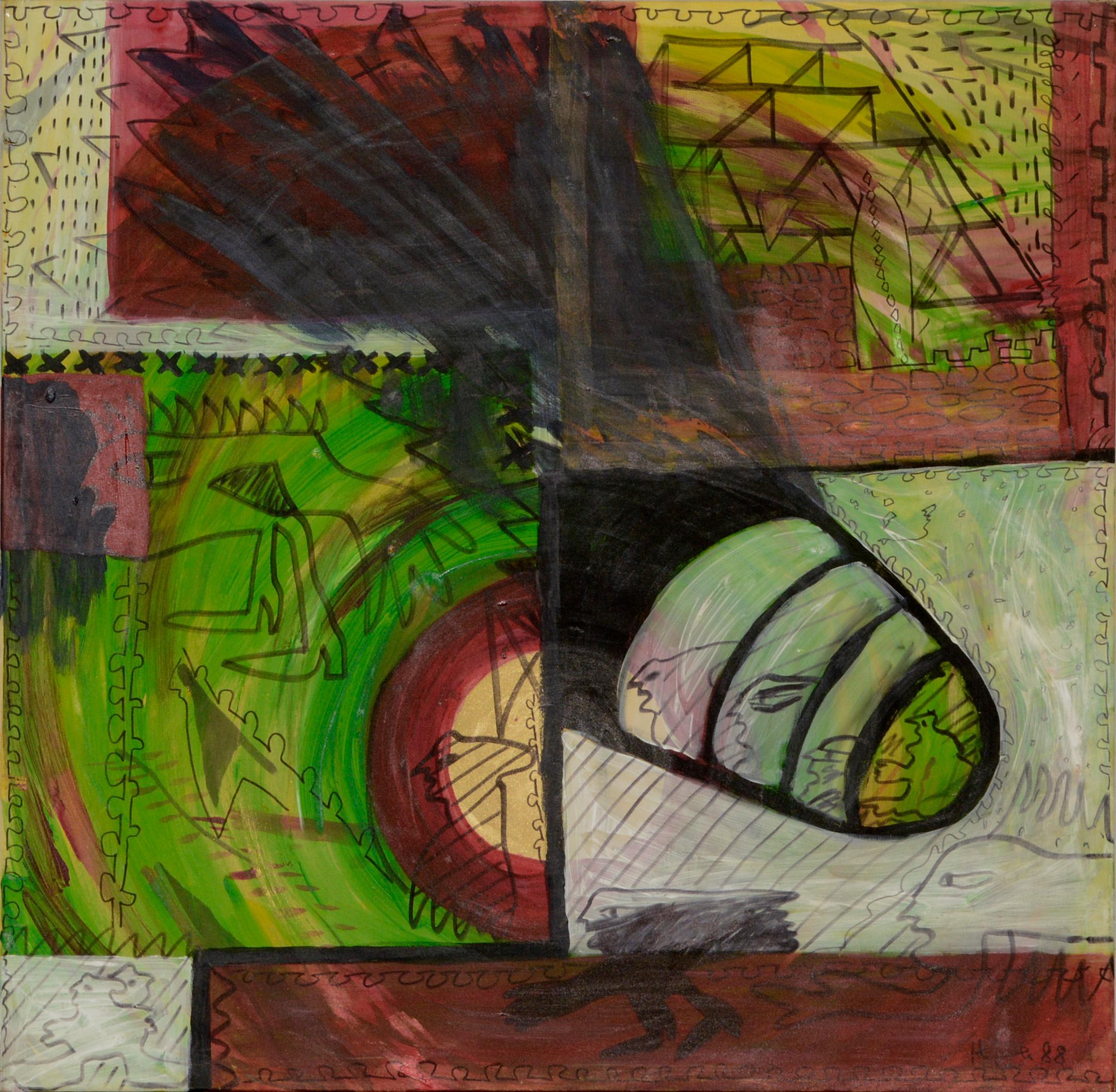 Unknown Abstract Painting - Abstract Expressionist Composition in Green, Red & Black