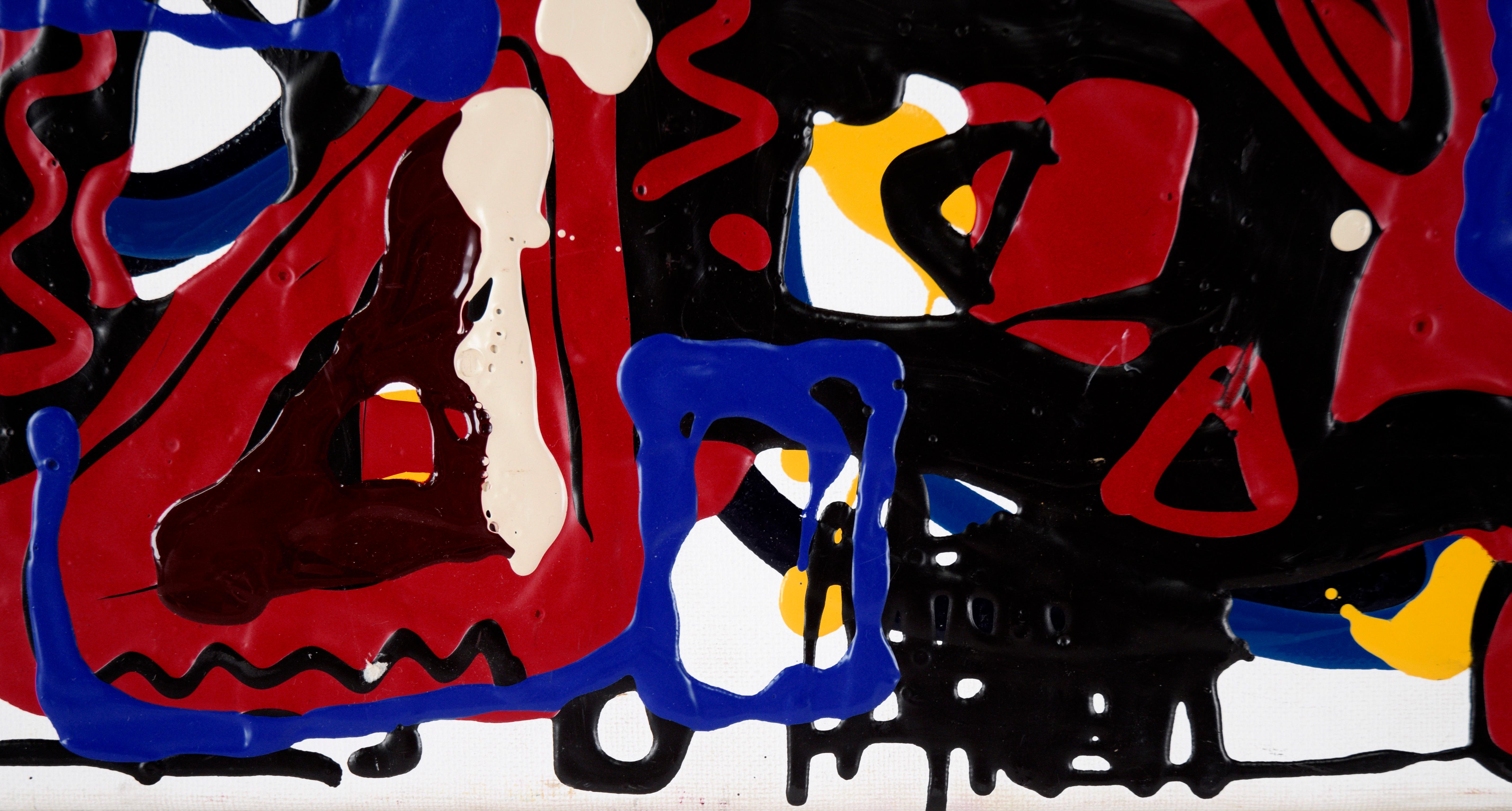 Composition expressionniste abstraite en acrylique rouge, noire et bleue sur toile  en vente 6