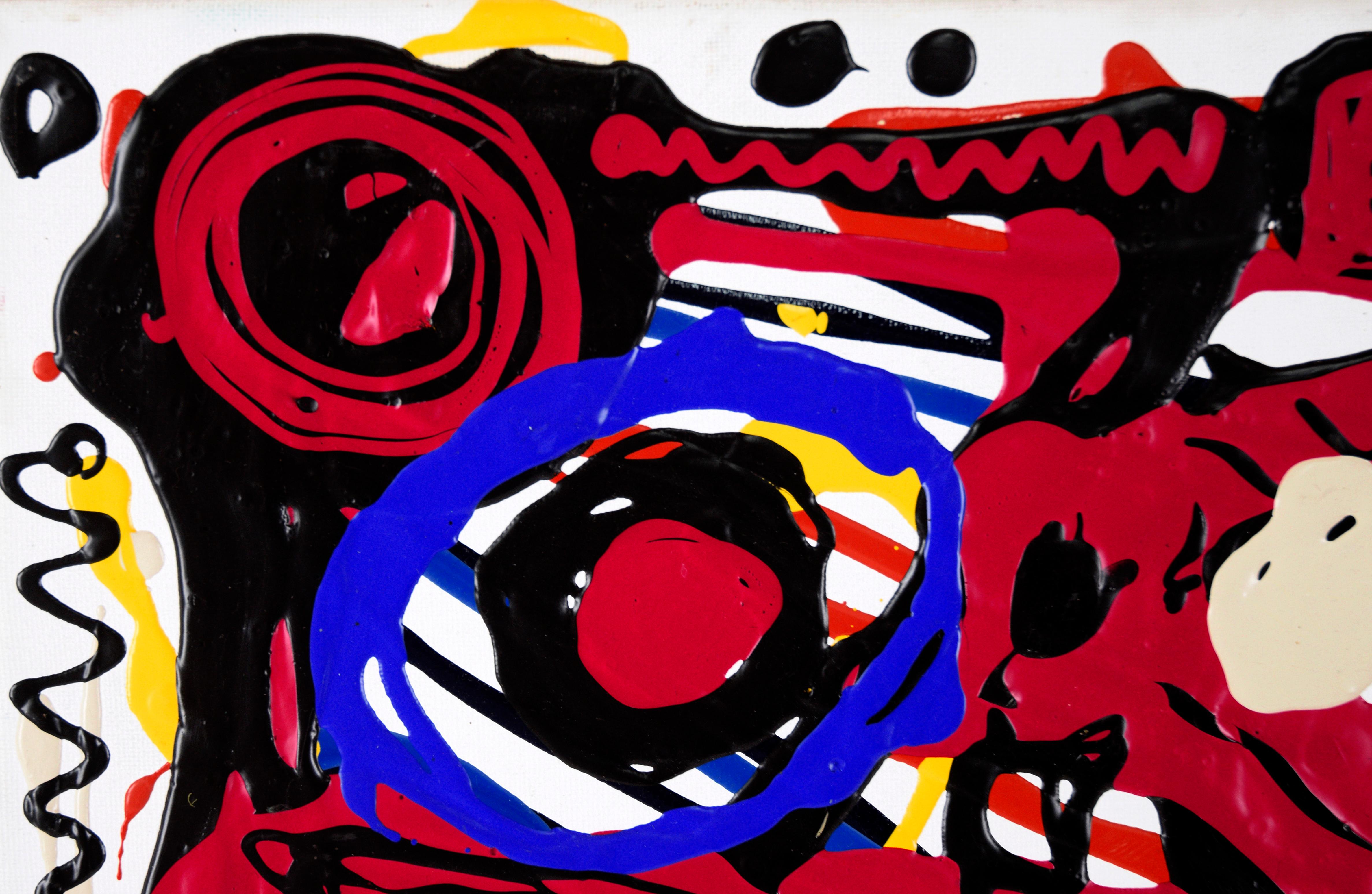Composition expressionniste abstraite en acrylique rouge, noire et bleue sur toile  - Painting de Unknown
