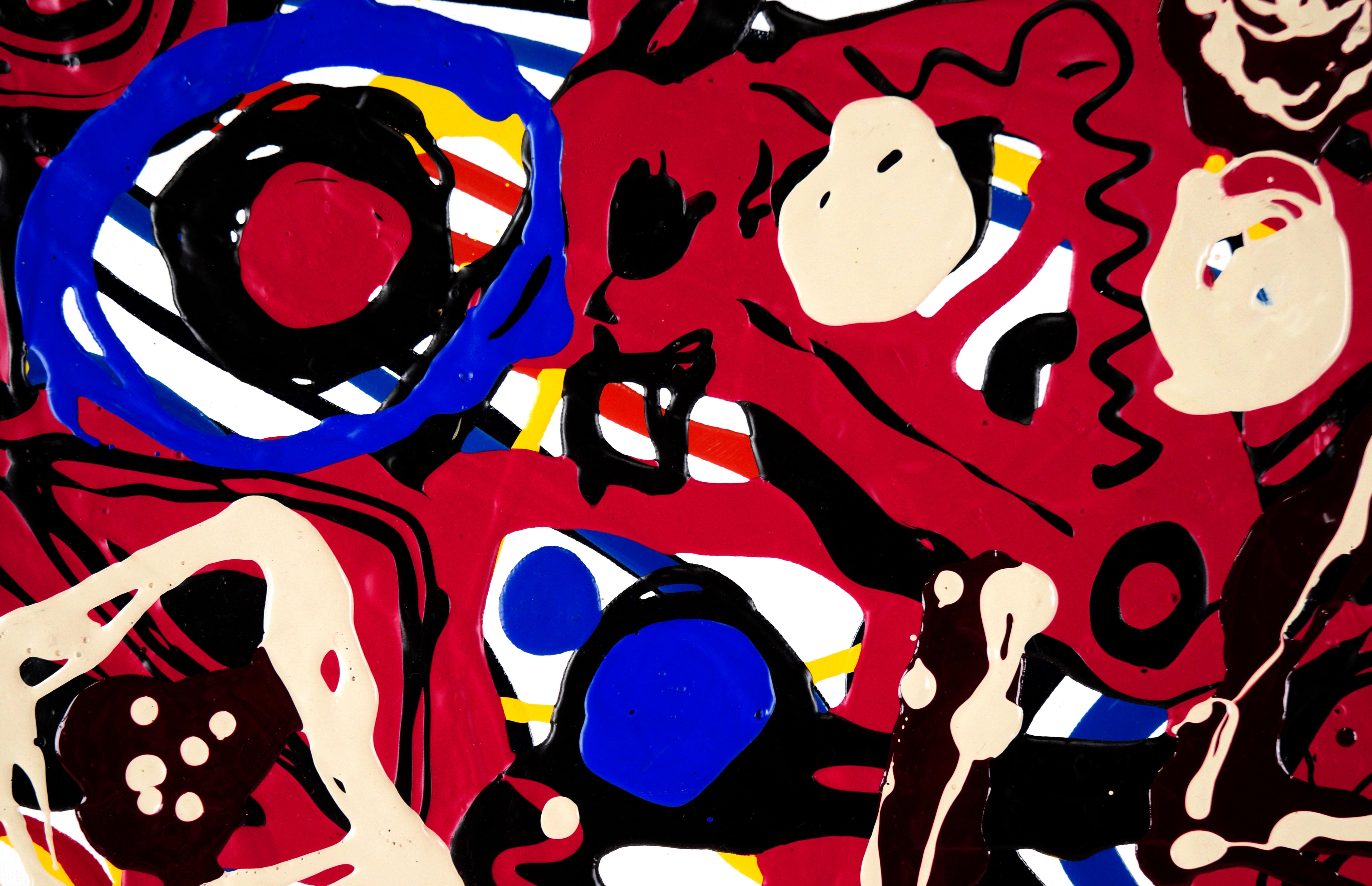 Composition expressionniste abstraite en rouge, noir et bleu Acrylique sur toile 

Composition abstraite audacieuse à la peinture épaisse d'un artiste inconnu, probablement de la région de la baie de San Francisco. Des couches de peinture épaisse