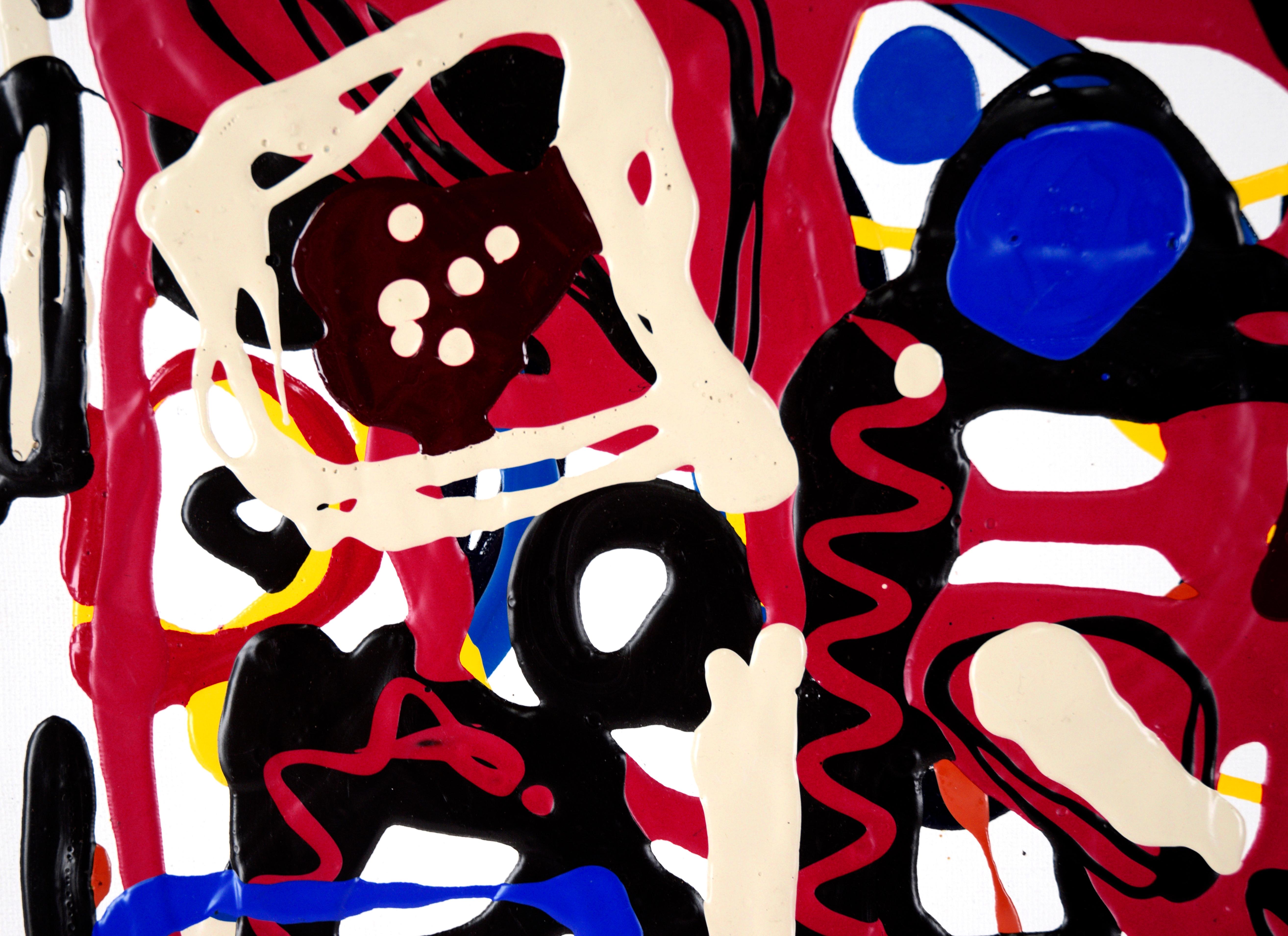 Composition expressionniste abstraite en acrylique rouge, noire et bleue sur toile  en vente 1