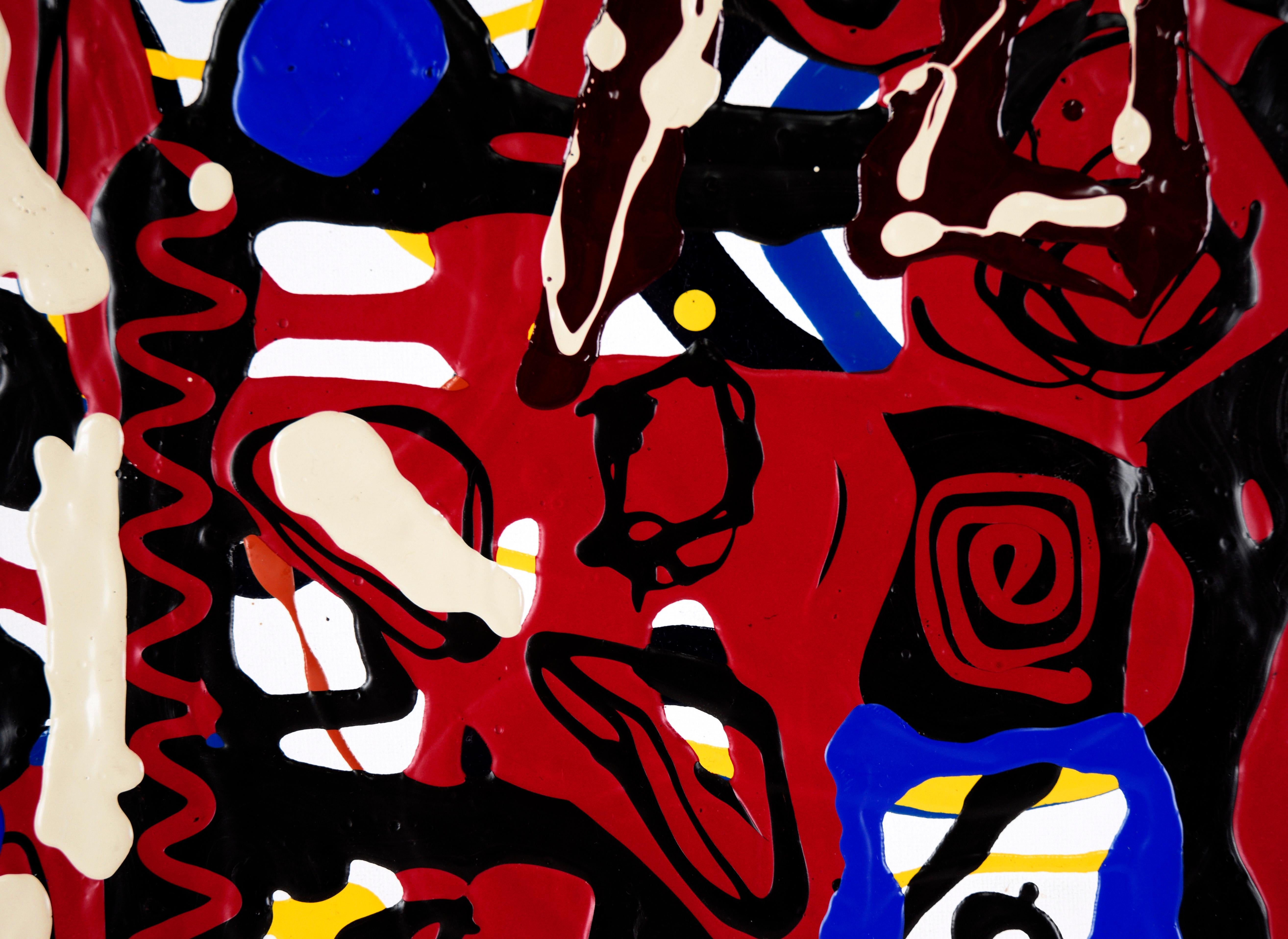 Composition expressionniste abstraite en acrylique rouge, noire et bleue sur toile  en vente 2