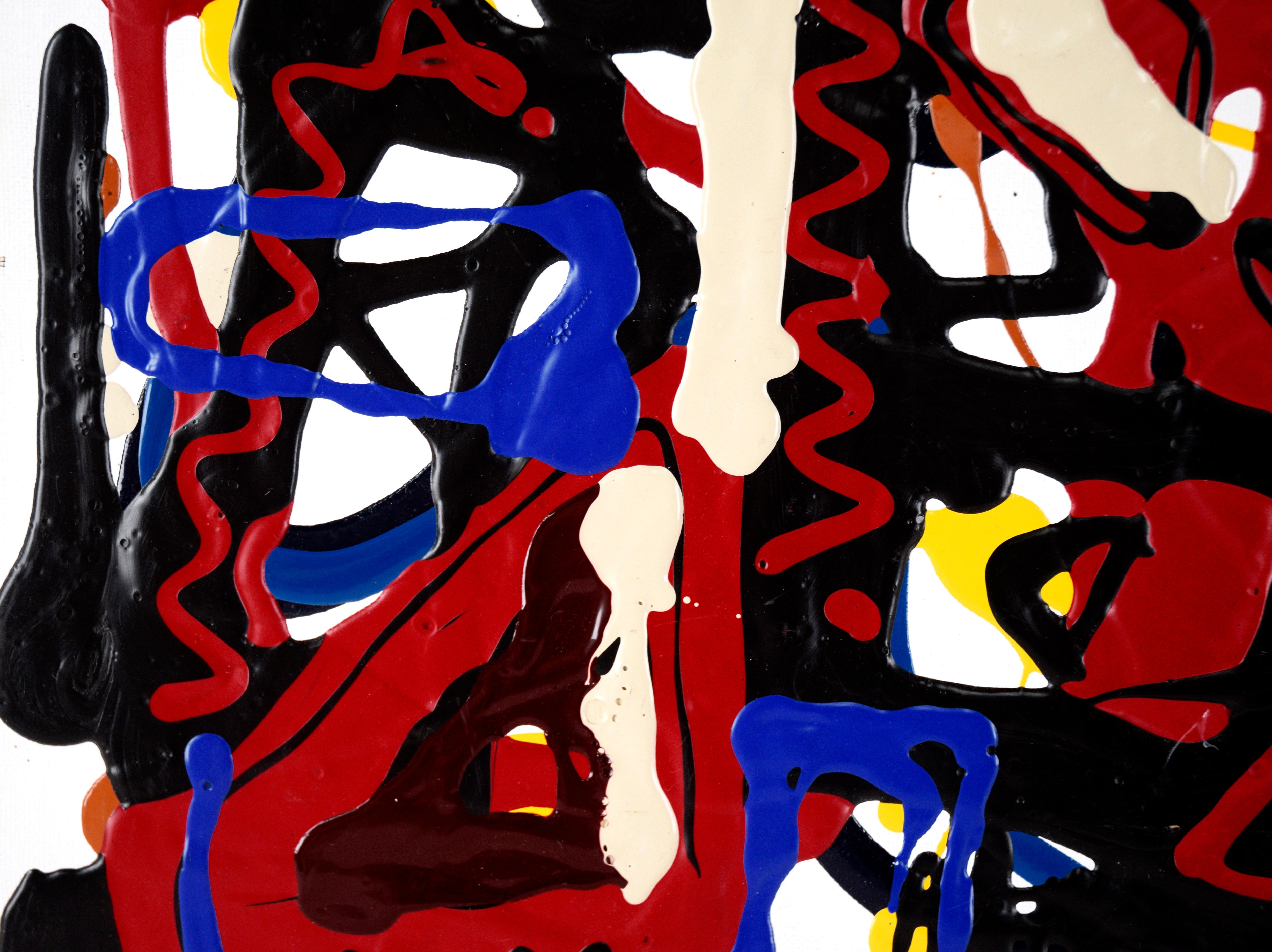 Composition expressionniste abstraite en acrylique rouge, noire et bleue sur toile  en vente 3