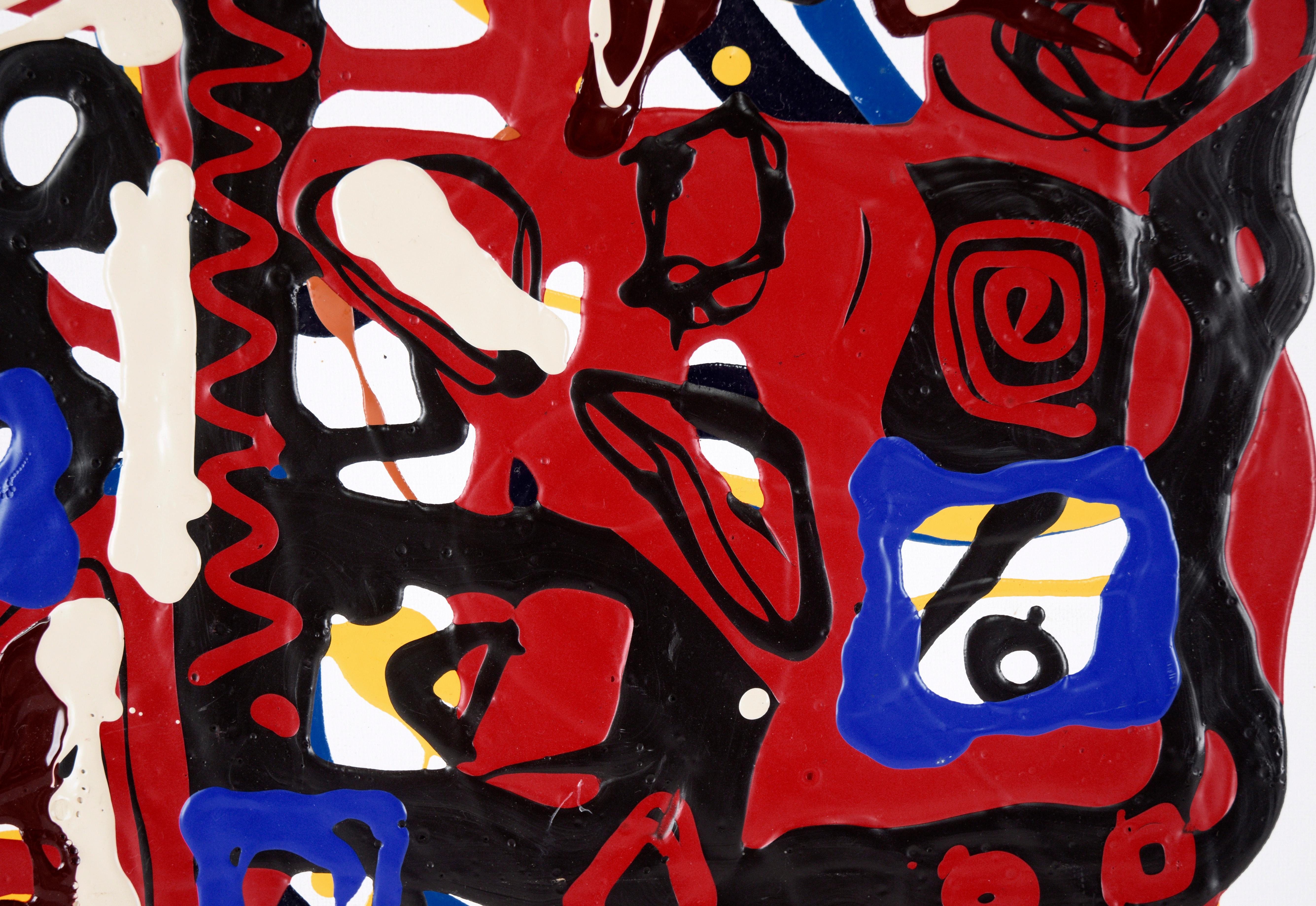 Composition expressionniste abstraite en acrylique rouge, noire et bleue sur toile  en vente 4