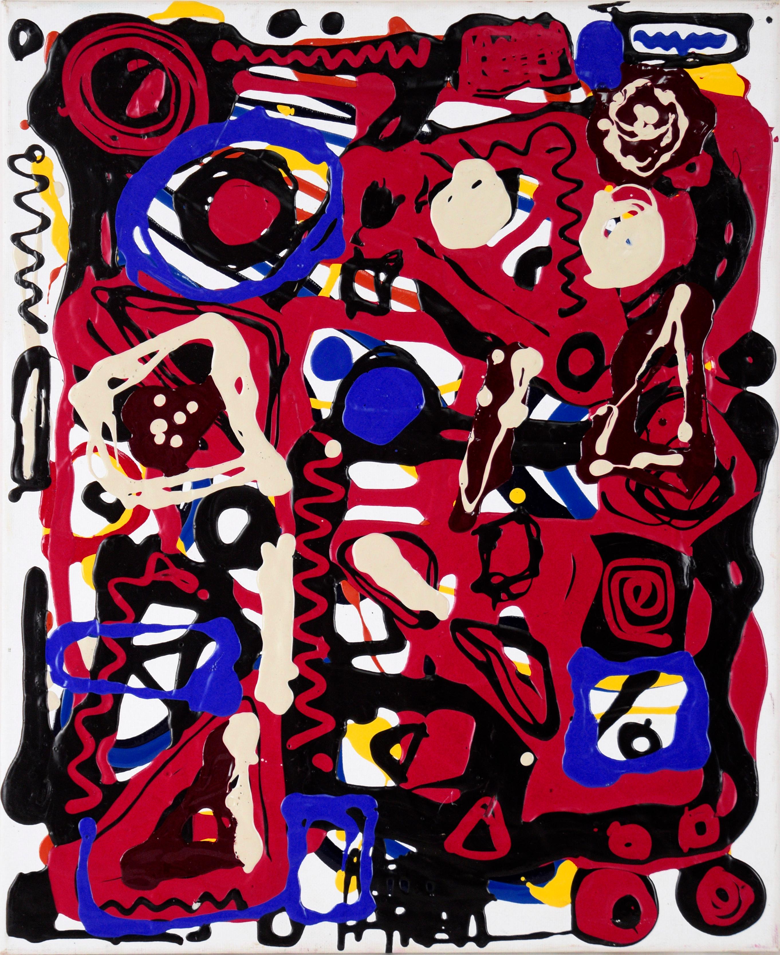 Abstract Painting Unknown - Composition expressionniste abstraite en acrylique rouge, noire et bleue sur toile 