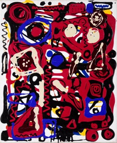 Abstract Expressionist Composition in Red, Black, and Blue Acrylic on Canvas 