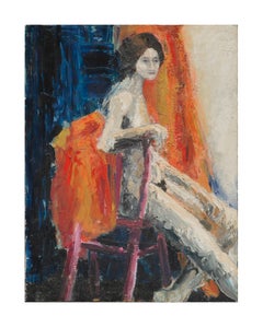 Abstrakt-expressionistische figurative sitzende nackte Frau, abstrakt