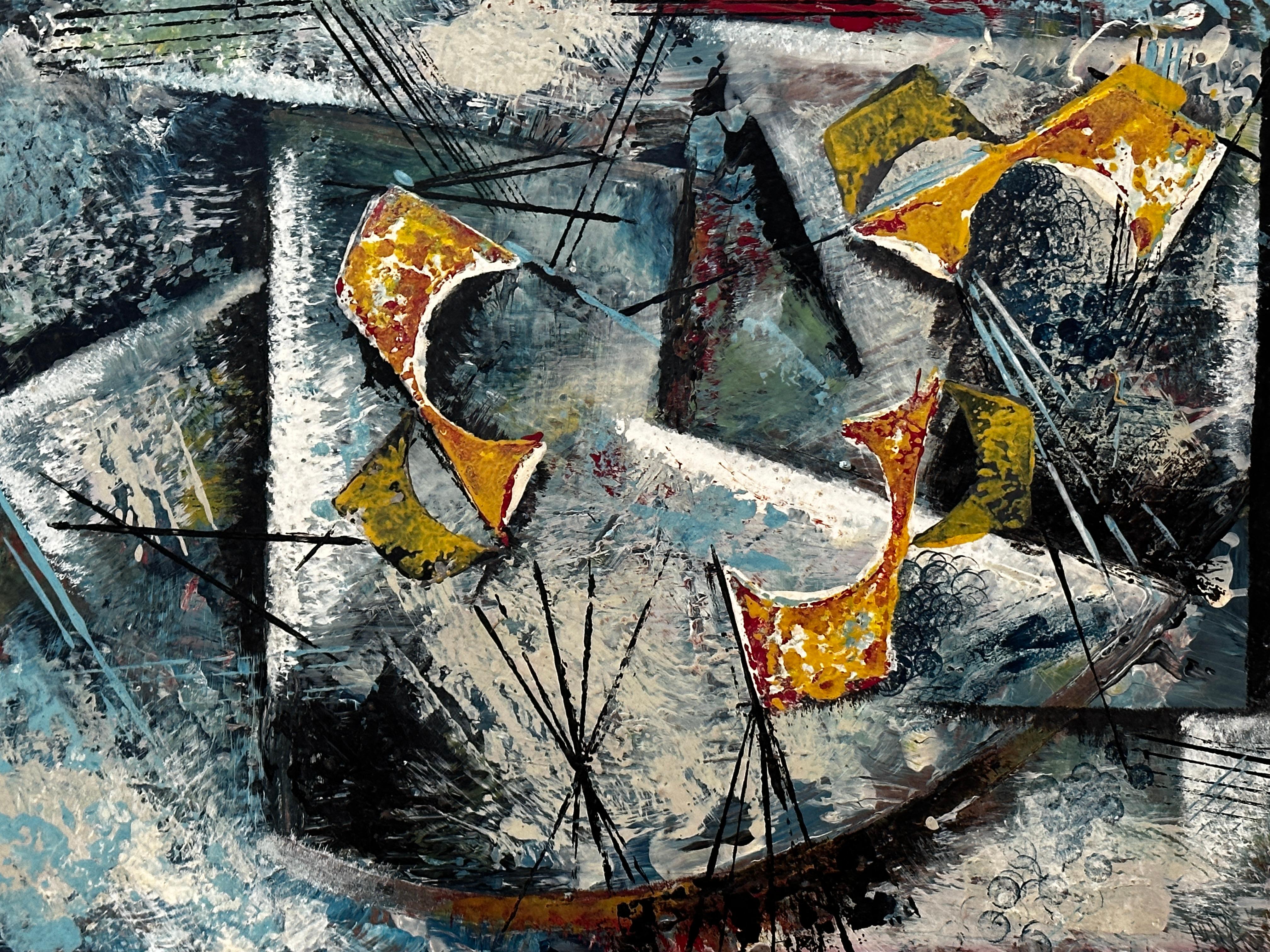 Pittura ad olio espressionista astratta su tavola - Painting di Unknown
