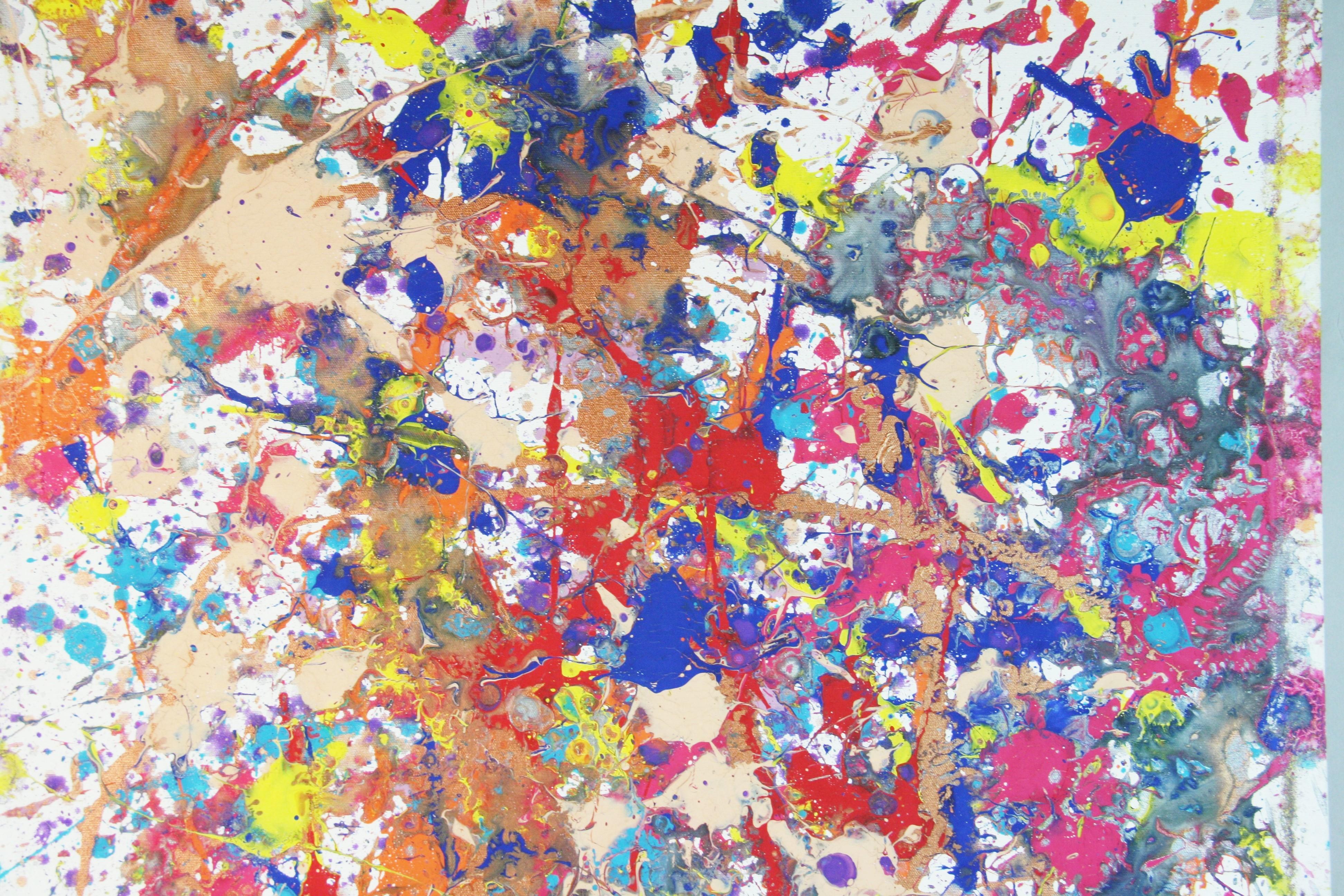 Abstract Expressionist Red and Blue Oil After Jackson Pollock - Gray Abstract Painting by Unknown