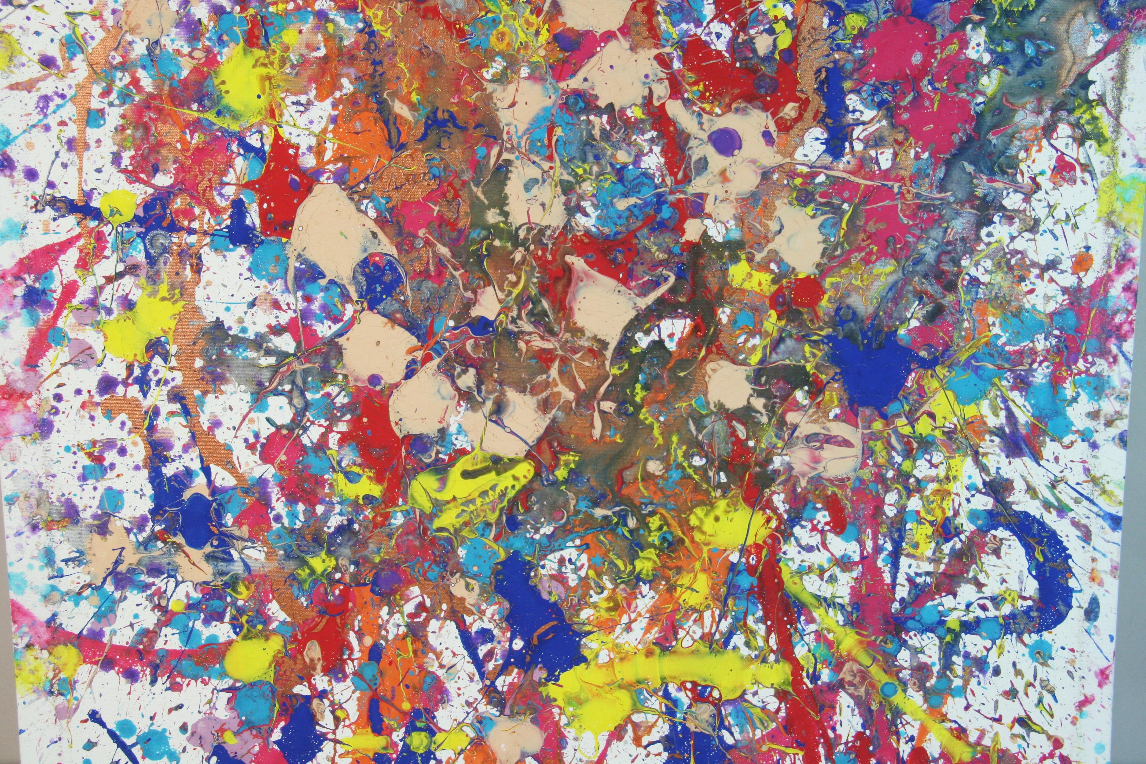 Abstract Expressionist Red and Blue Oil After Jackson Pollock For Sale 1