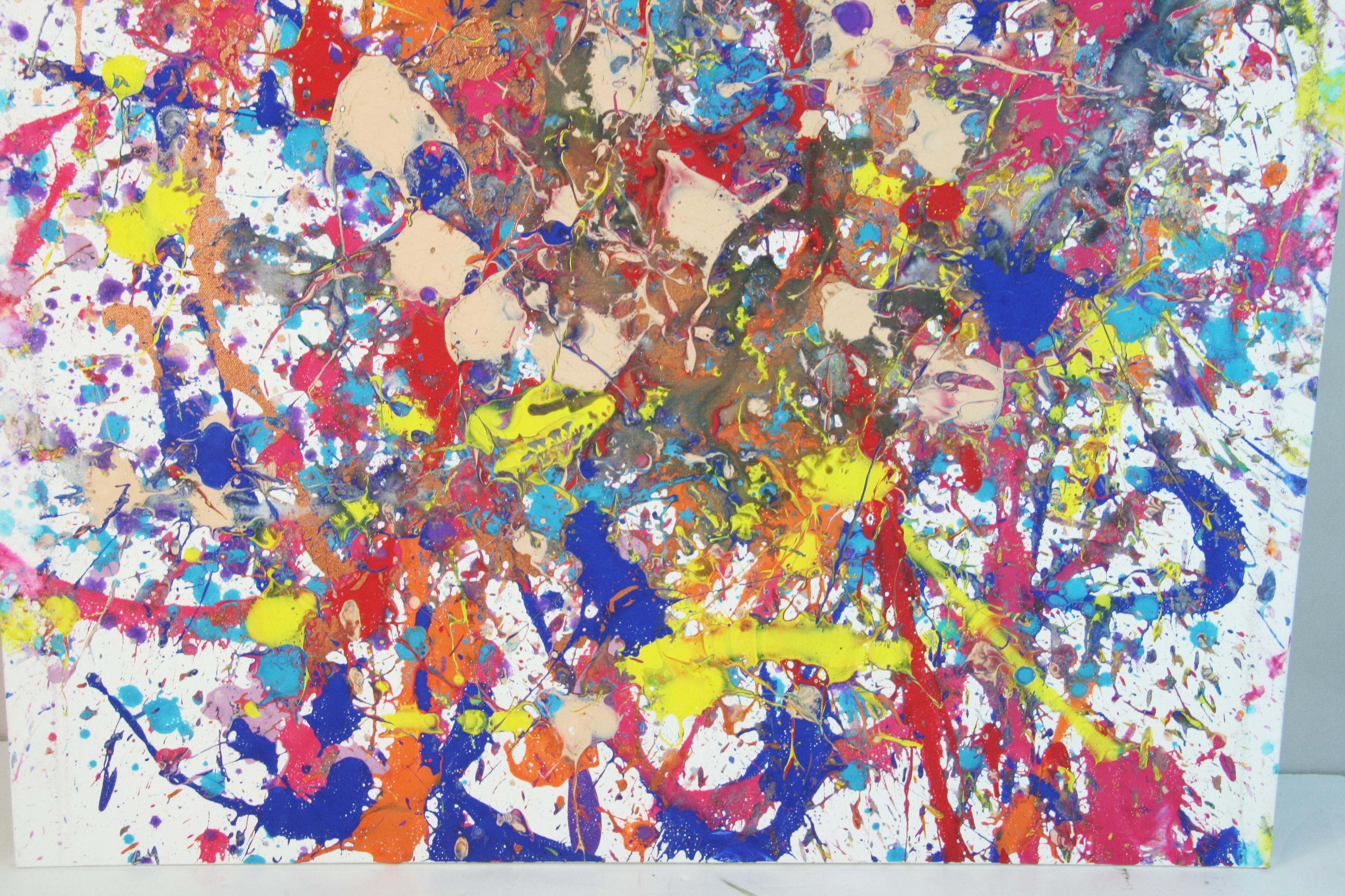 Abstract Expressionist Red and Blue Oil After Jackson Pollock For Sale 2
