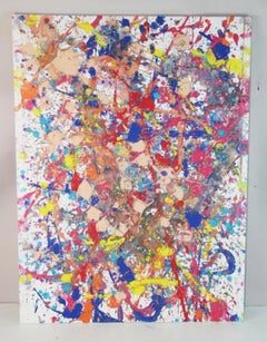 Abstract Expressionist Red and Blue Oil After Jackson Pollock
