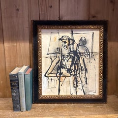 Abstraktes figuratives antikes Ölgemälde aus der Mitte des Jahrhunderts