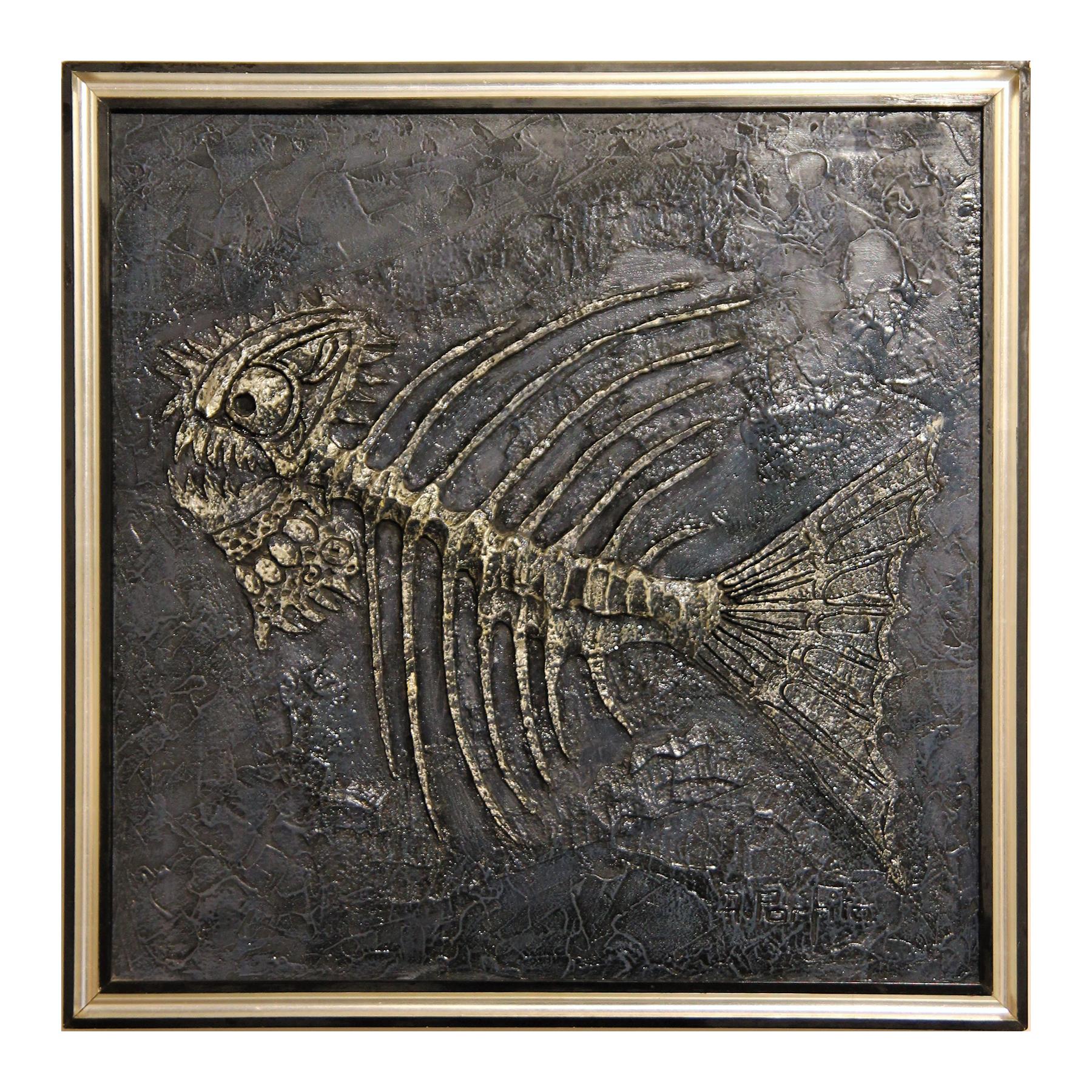 Unknown Animal Painting - Abstract Fish Bones Sculptural Textured Mixed Media Painting