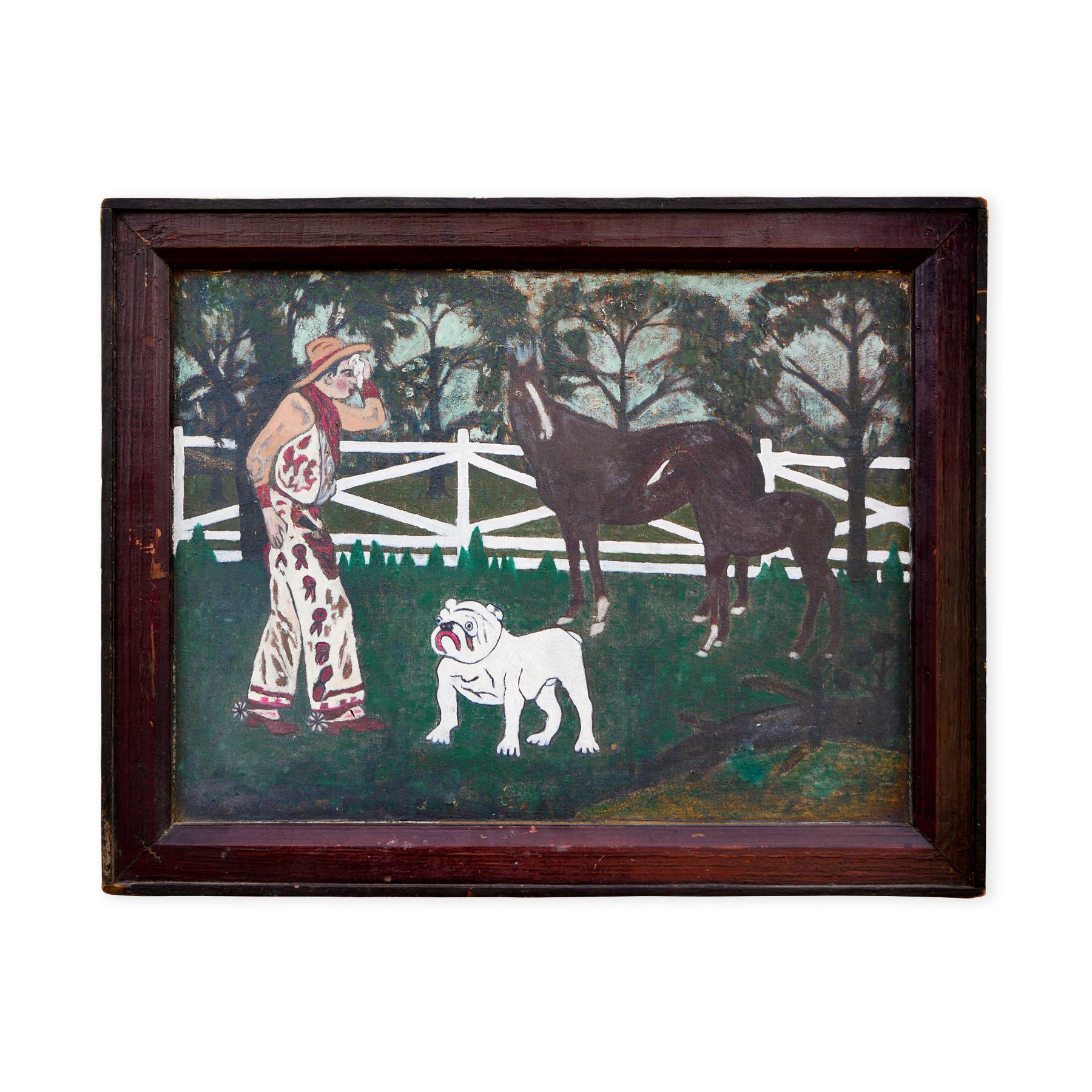 Abstract folk art painting of a western scene by an unknown artist. The work features a cowboy wearing spurs in a corral with a white bulldog and a pair of horse set against a grove of green trees. Currently hung in a brown wooden frame.

Dimensions