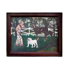 Abstract Folk Art Western Figurative Painting of a Cowboy, Horses, and a Dog