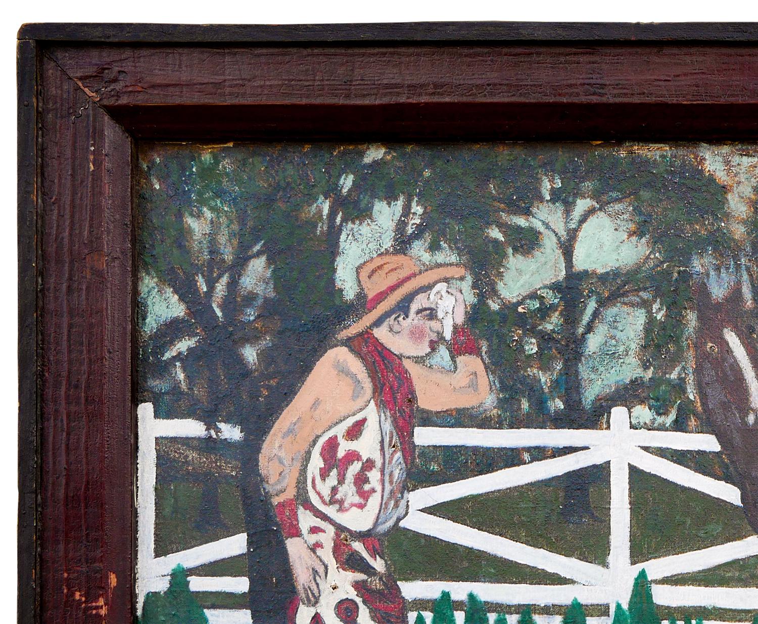 Abstraktes Volkskunstgemälde einer Westernszene von einem unbekannten Künstler. Das Werk zeigt einen Cowboy mit Sporen in einem Korral mit einer weißen Bulldogge und einem Pferdegespann vor einem Hain aus grünen Bäumen. Derzeit in einem braunen