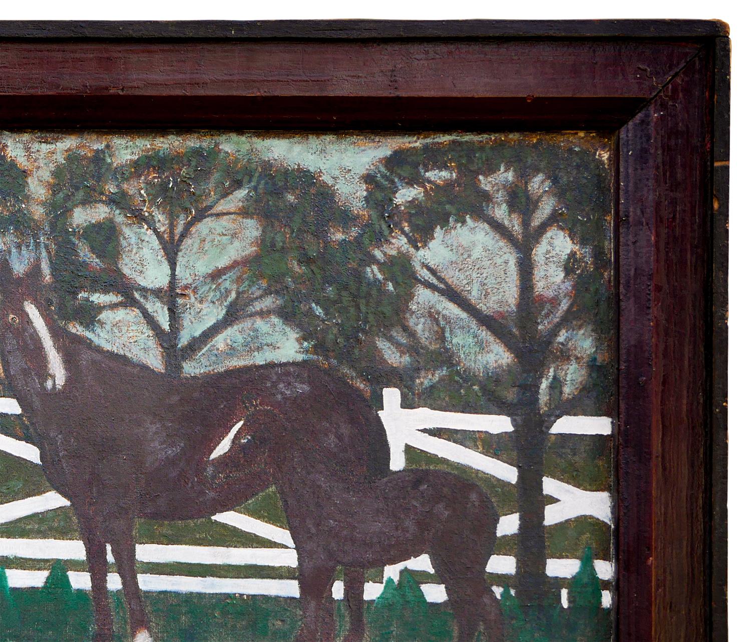 Abstrakte Volkskunst Western-Figuratives Gemälde eines Cowboys, eines Pferdes und eines Hundes im Angebot 1