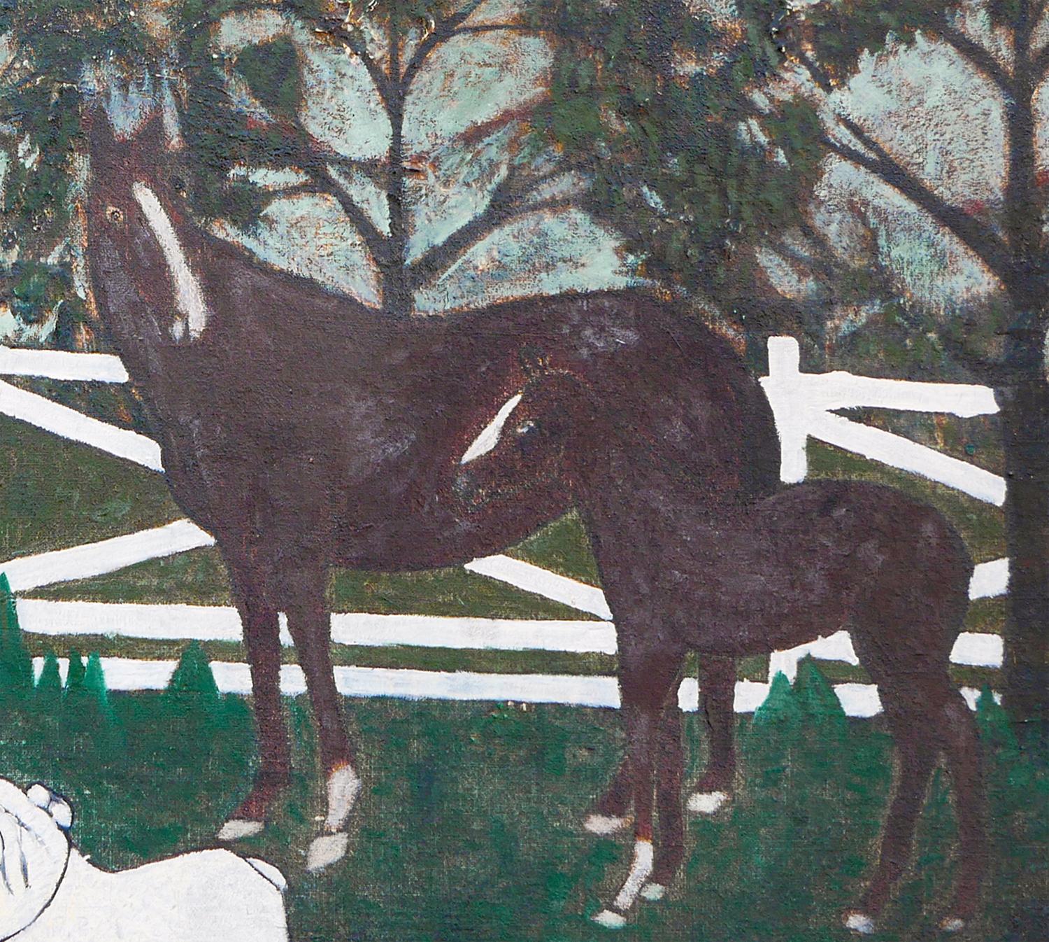 Abstrakte Volkskunst Western-Figuratives Gemälde eines Cowboys, eines Pferdes und eines Hundes im Angebot 6