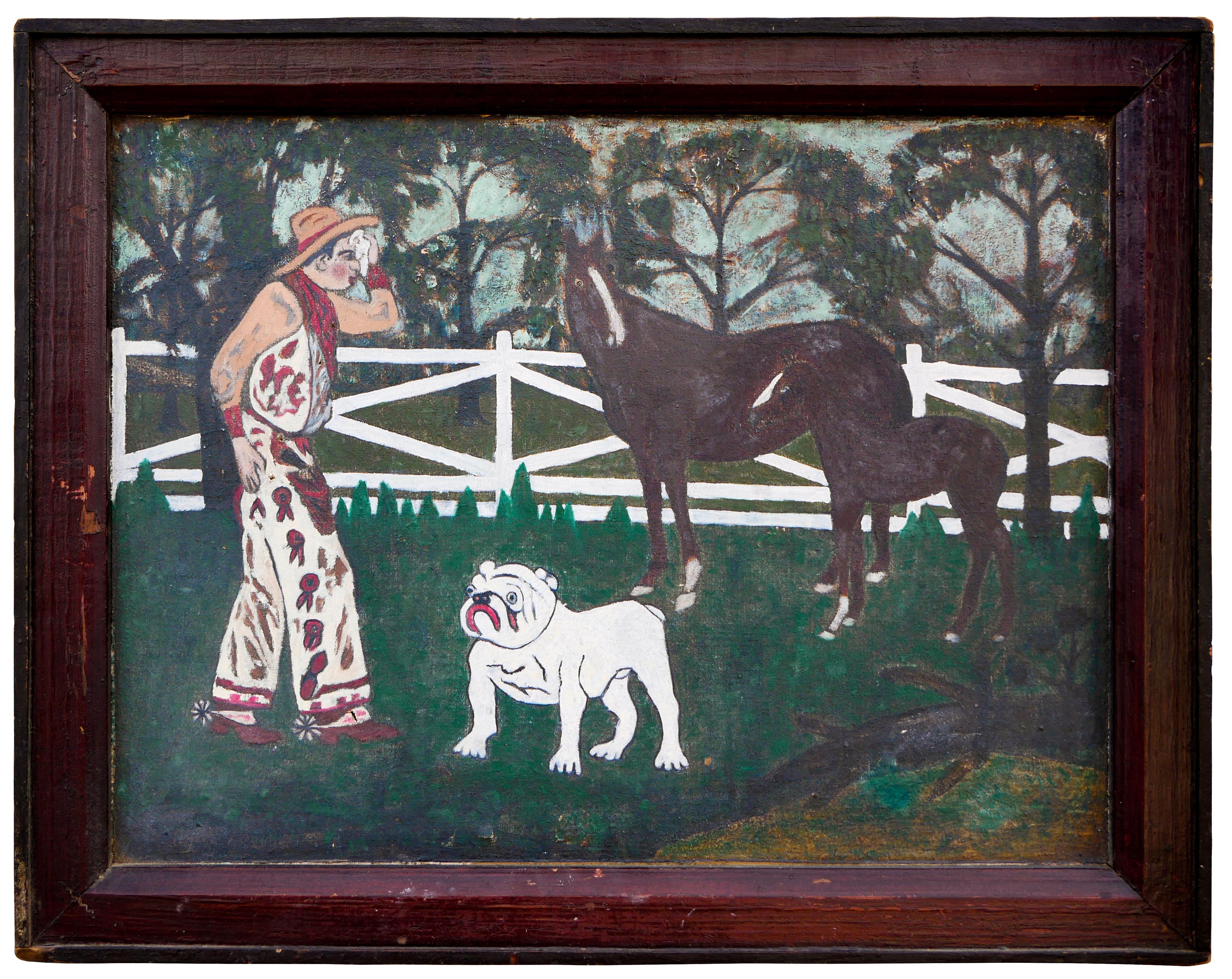 Peinture figurative abstraite d'art populaire occidental représentant un cow-boy, des chevaux et un chien