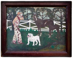 Peinture figurative abstraite d'art populaire occidental représentant un cow-boy, des chevaux et un chien