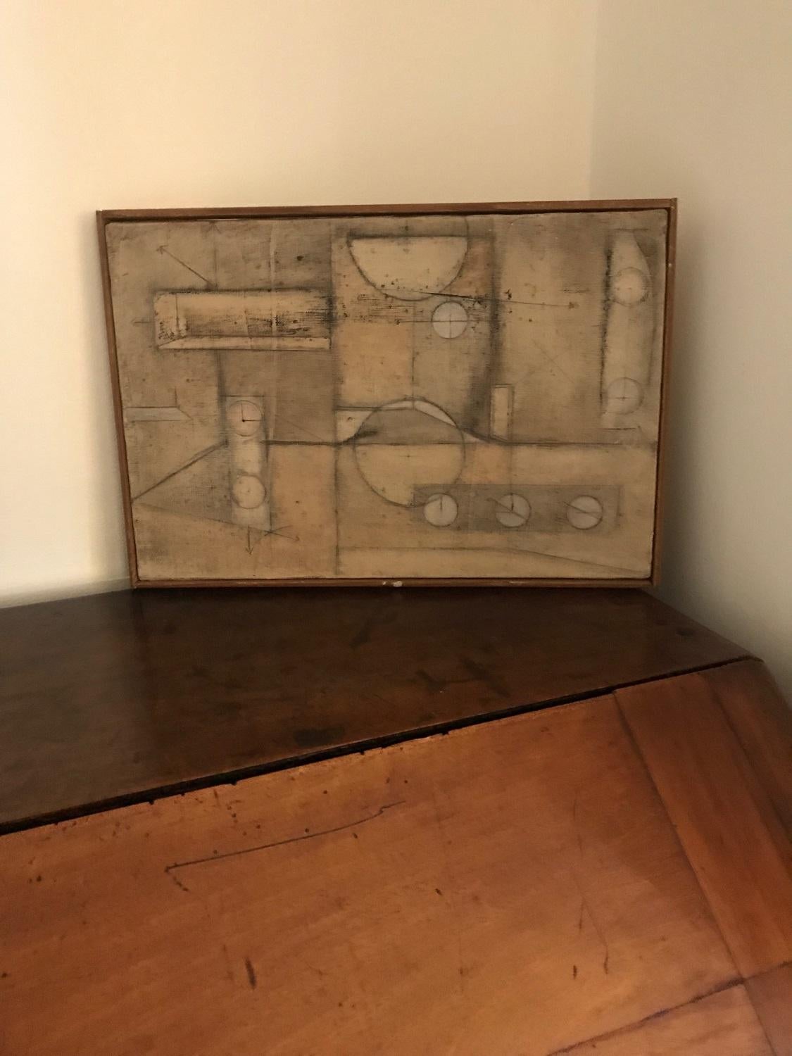 A fabulous small French oil on canvas abstract indistinctly signed verso. Paul Klee in style. Painted in the 1960's with its original frame. 